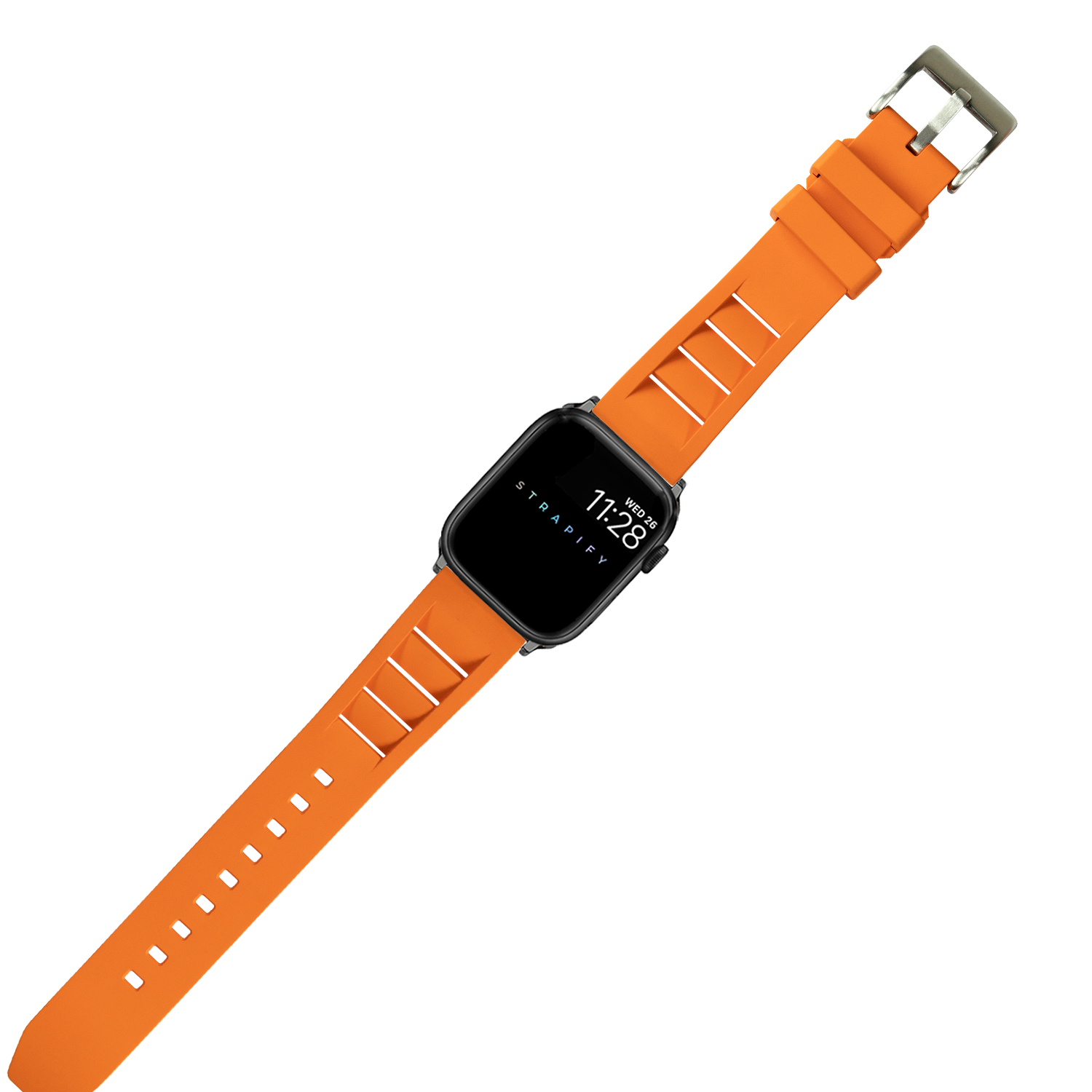 Orange FKM rubber smartwatch band with buckle closure and adjustment holes for Apple Watch