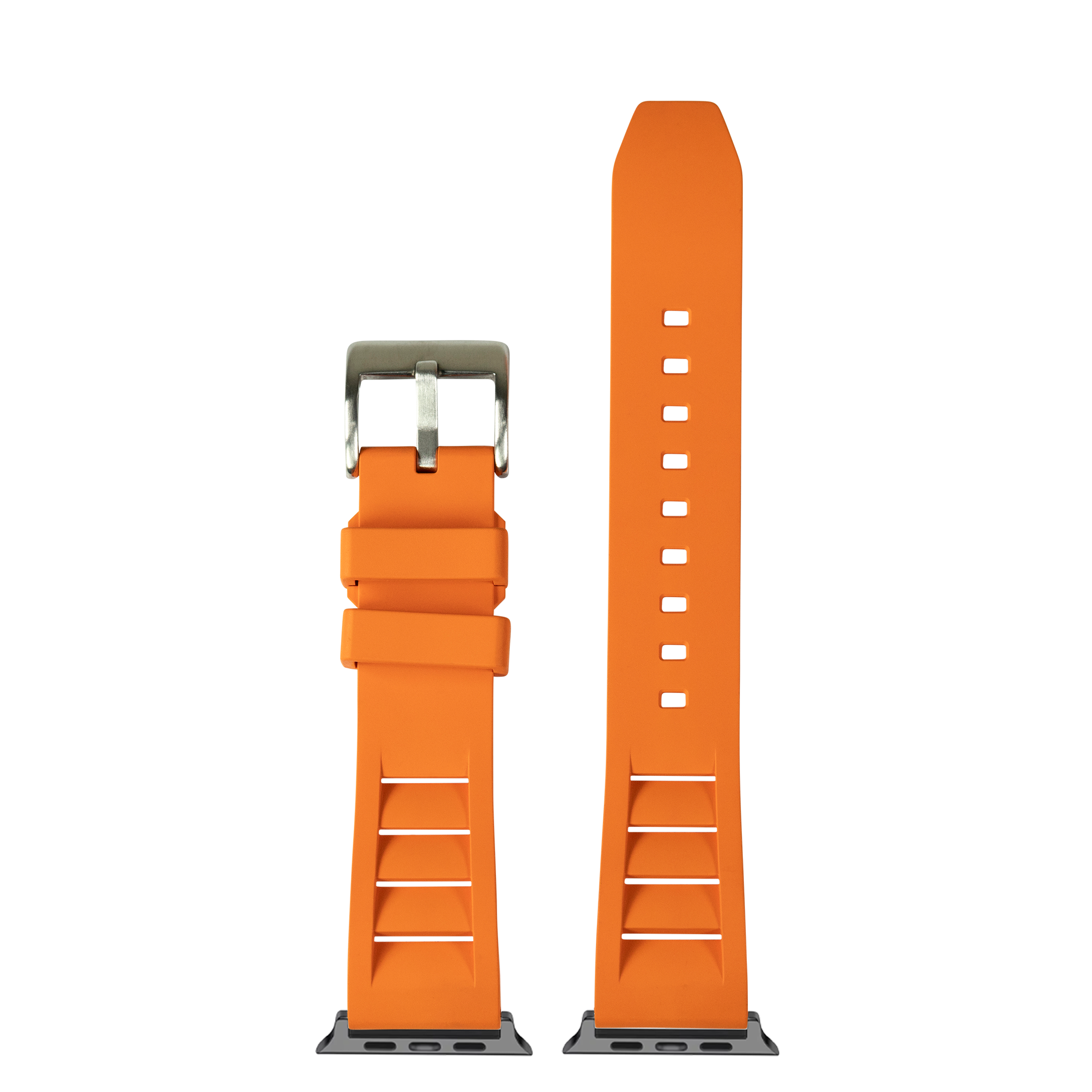 Orange FKM rubber smartwatch band with stainless steel buckle and quick-release connector, shown assembled and unassembled