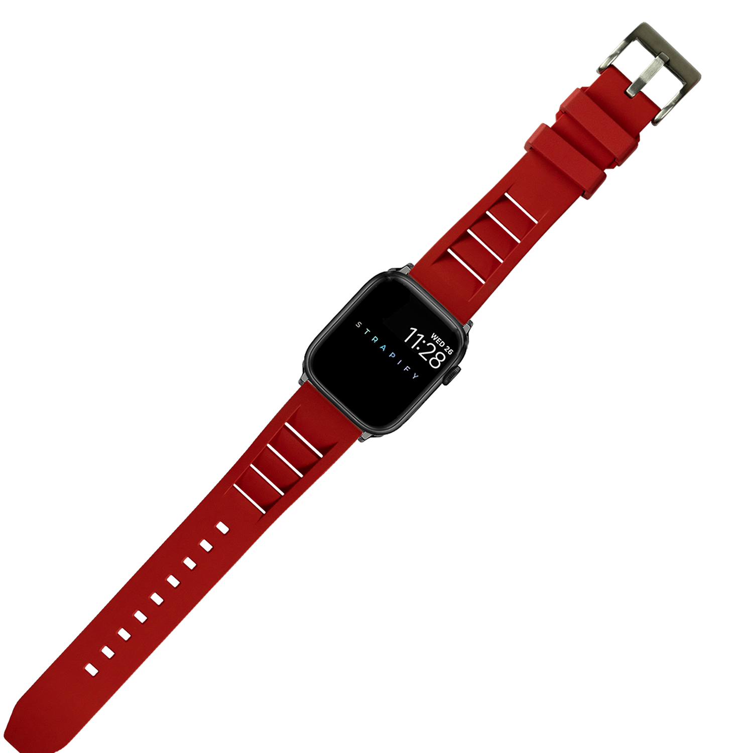 Red silicone smartwatch band with shark fin texture and stainless steel buckle for Apple Watch