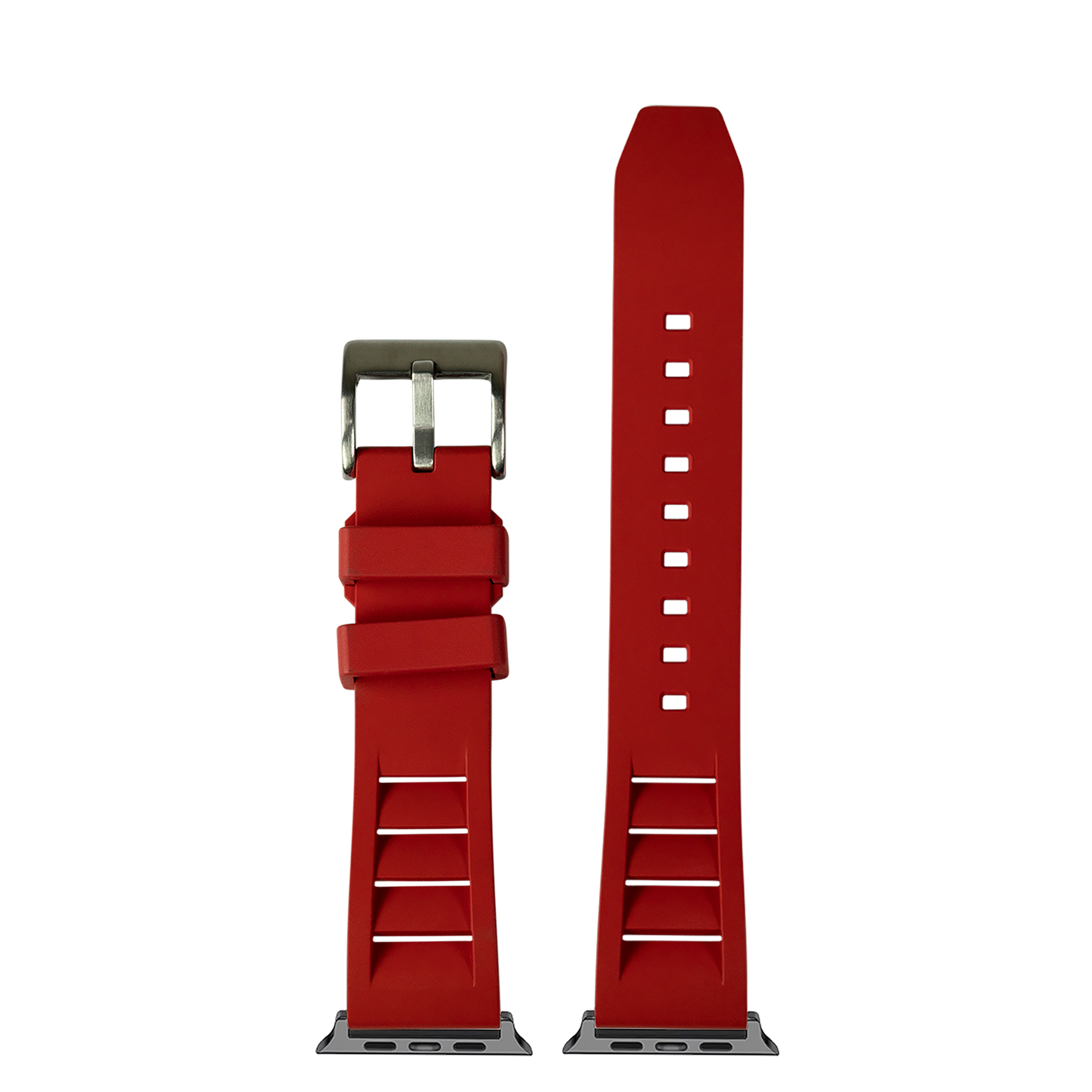 Red FKM rubber smartwatch band with stainless steel buckle and adjustment holes, shown assembled and unassembled