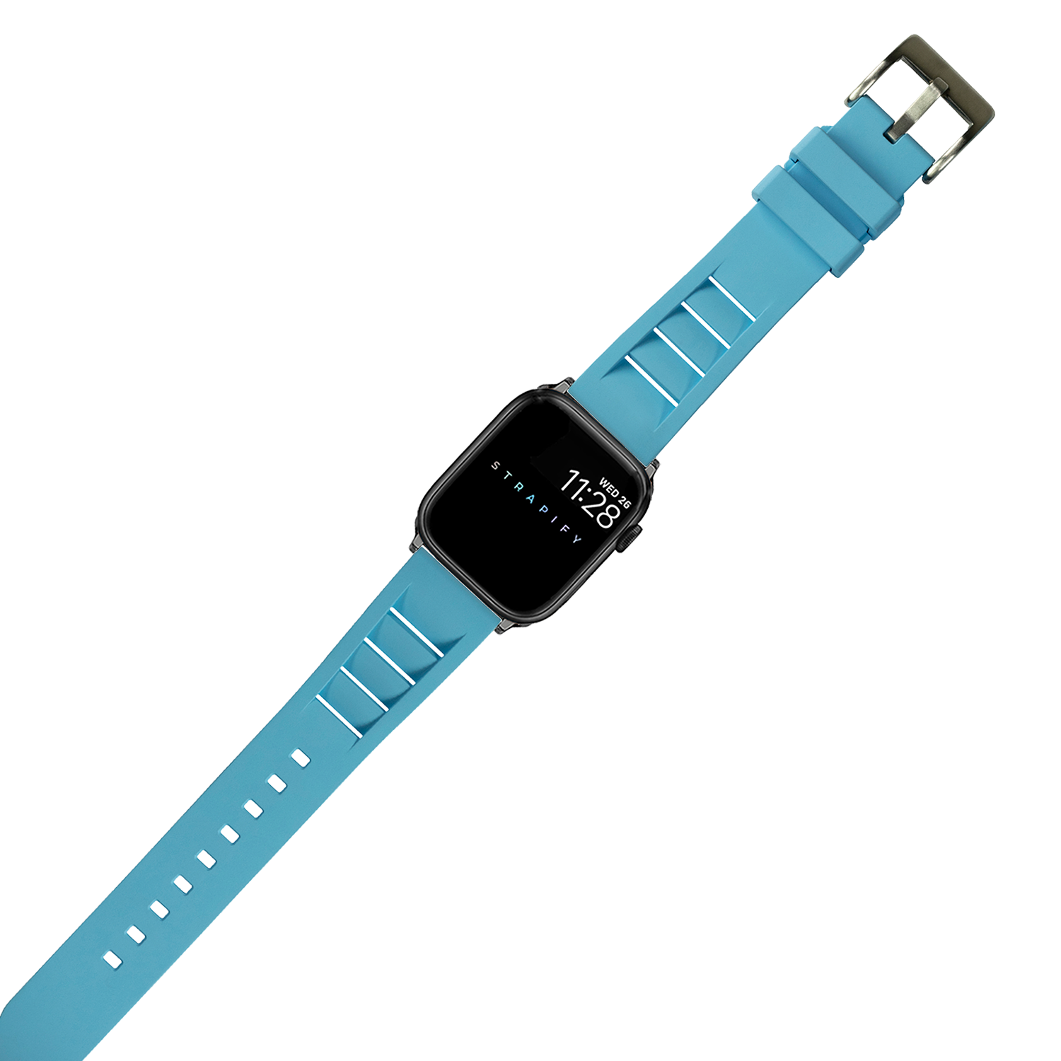 Blue FKM rubber smartwatch band with stainless steel buckle, displaying digital watch face showing time and Stradivey branding