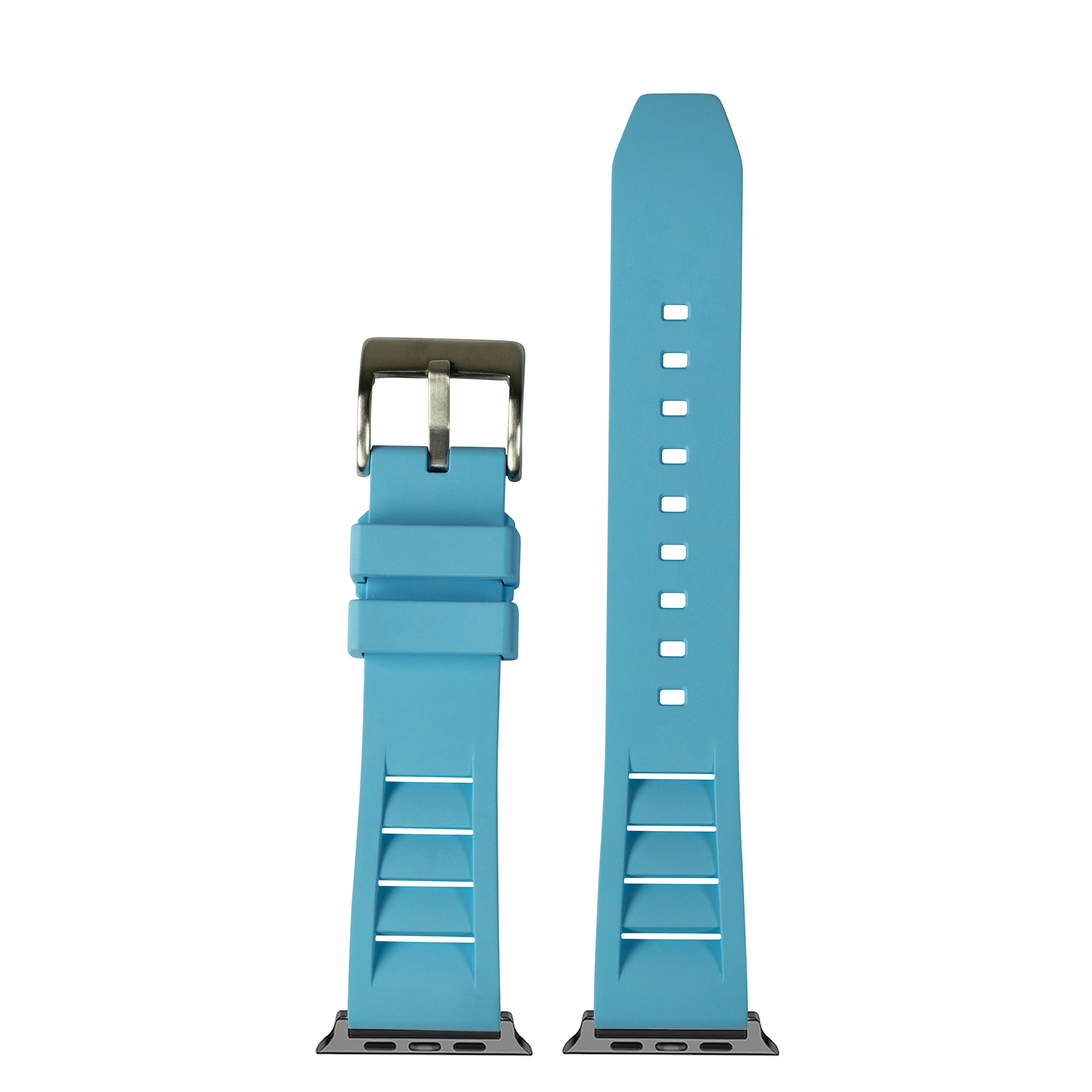 Bright sky blue rubber watch band with stainless steel buckle, shown folded and unfolded, featuring white adjustment holes and sport strap design
