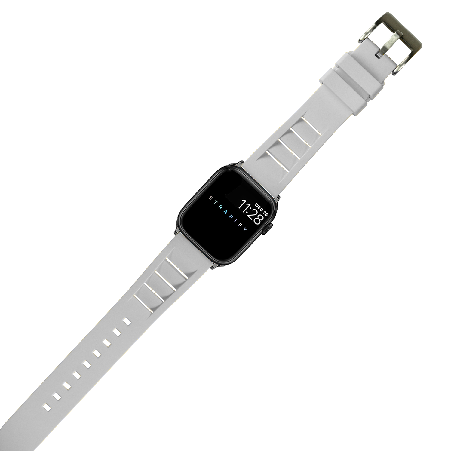White FKM rubber smartwatch band with shark fin texture pattern and olive green buckle for Apple Watch