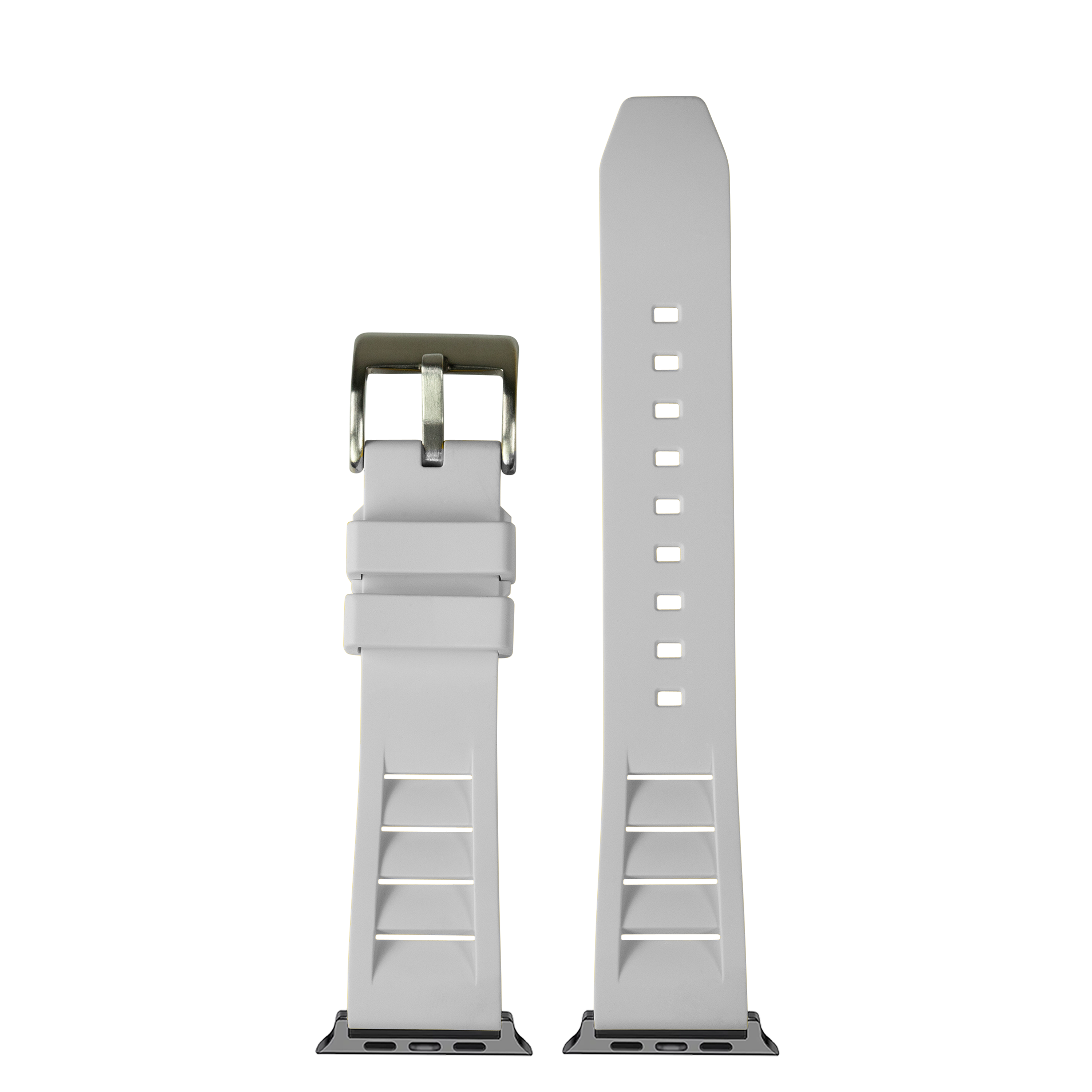 White FKM rubber smartwatch band with silver buckle and adjustment holes, shown assembled and unassembled with connector base