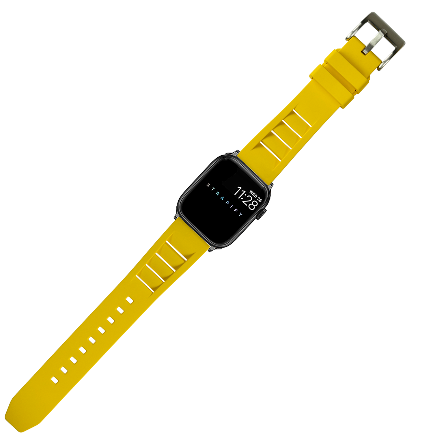 Yellow FKM rubber smartwatch band with shark fin design and stainless steel buckle for Apple Watch