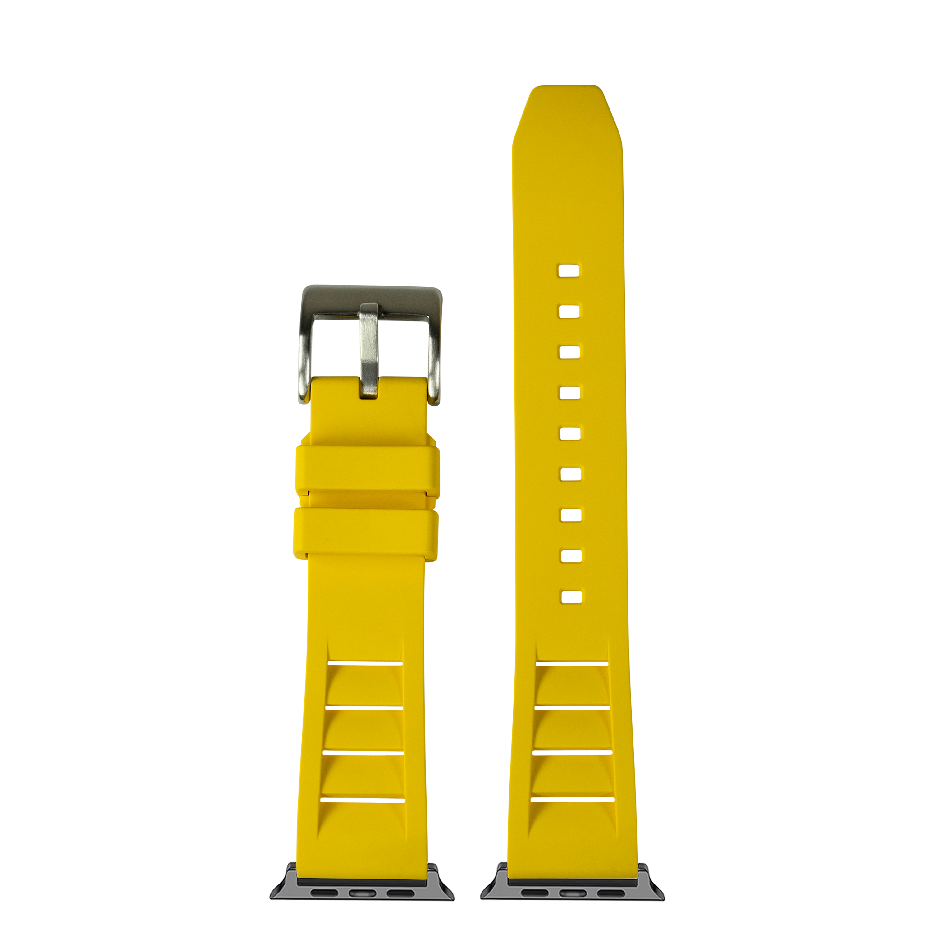 Yellow FKM rubber smartwatch band with metal buckle and perforated holes shown flat and wrapped view