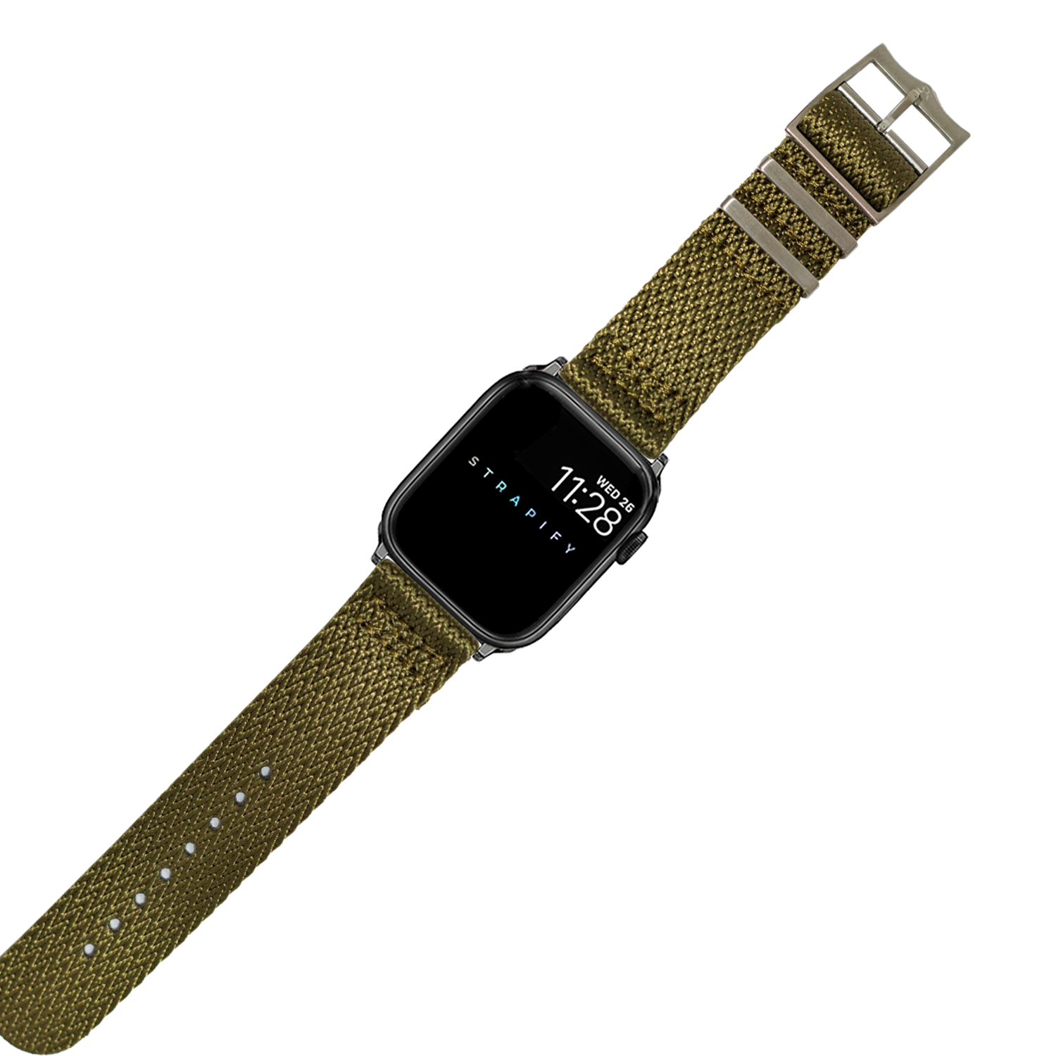 Black smartwatch with army green canvas fabric band and metal buckle displaying time 11:28