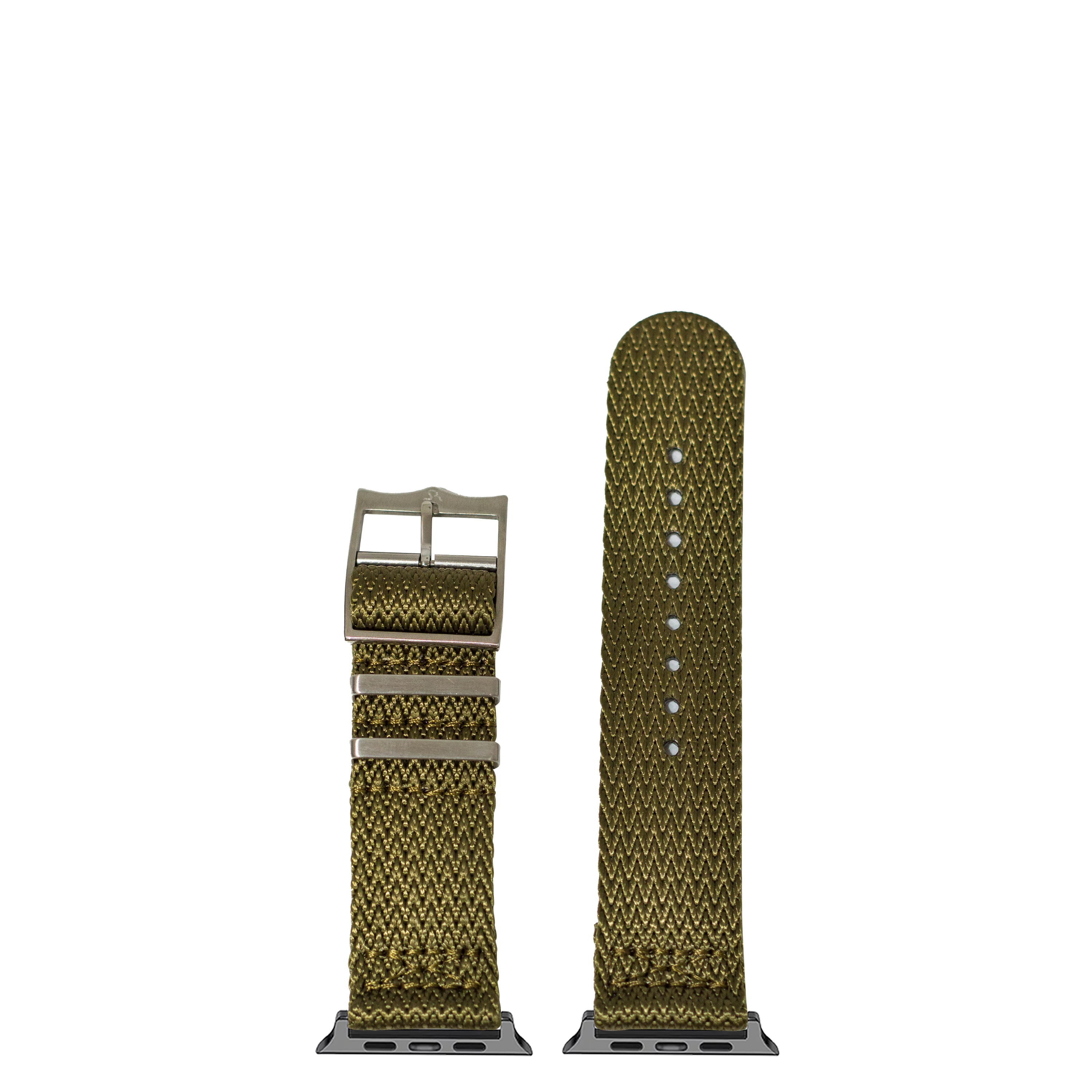 Olive green woven fabric watch band with metal buckle for Apple Watch, shown assembled and unassembled with connector adaptors