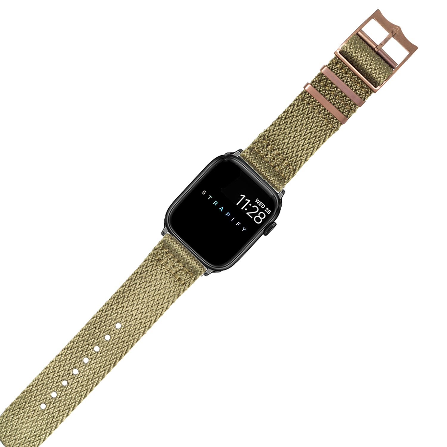 Apple Watch Sharktooth Militex band in army green with bronze hardware and black square face displaying time
