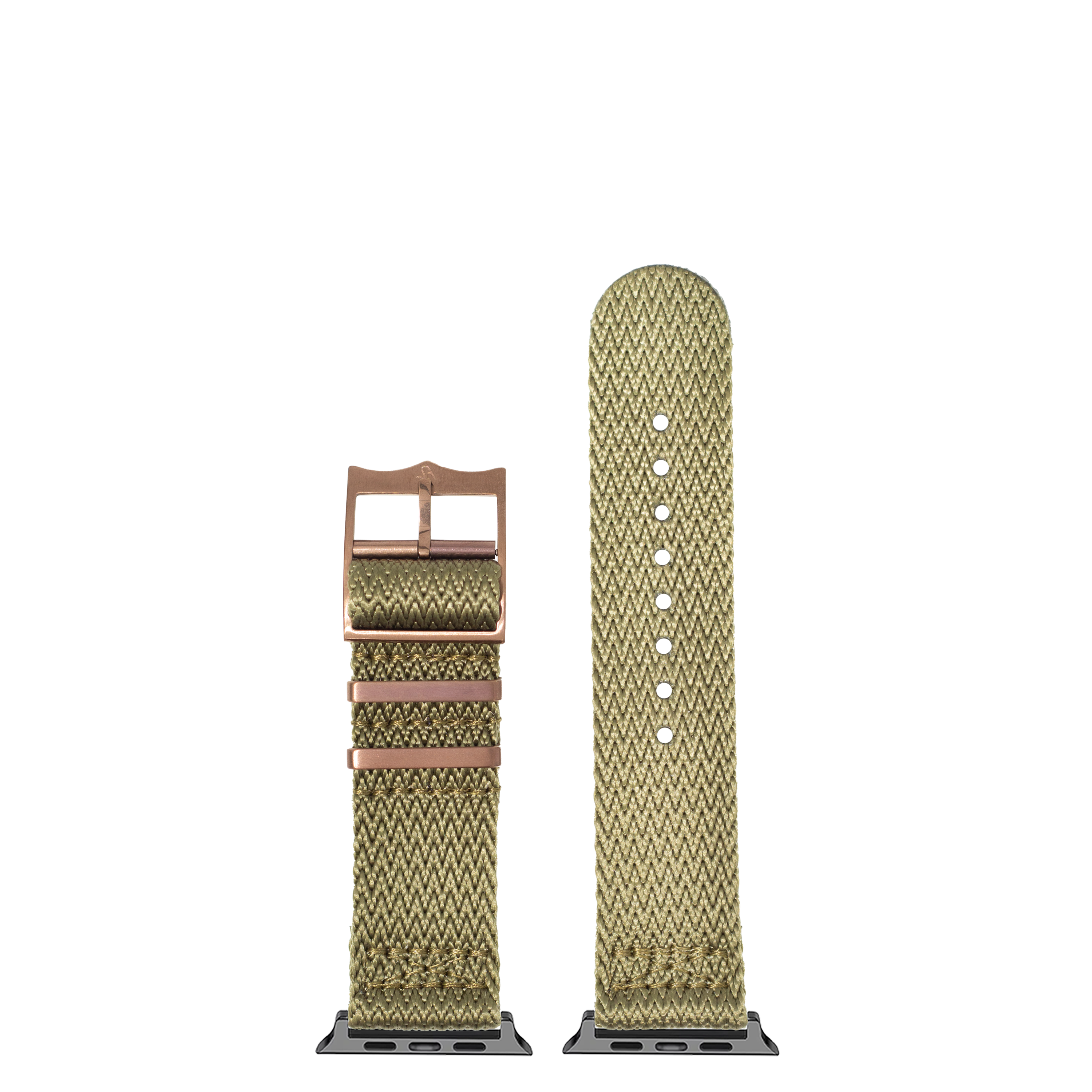 Olive green woven smartwatch band with bronze buckle and hardware, shown attached and unattached to Apple Watch connector
