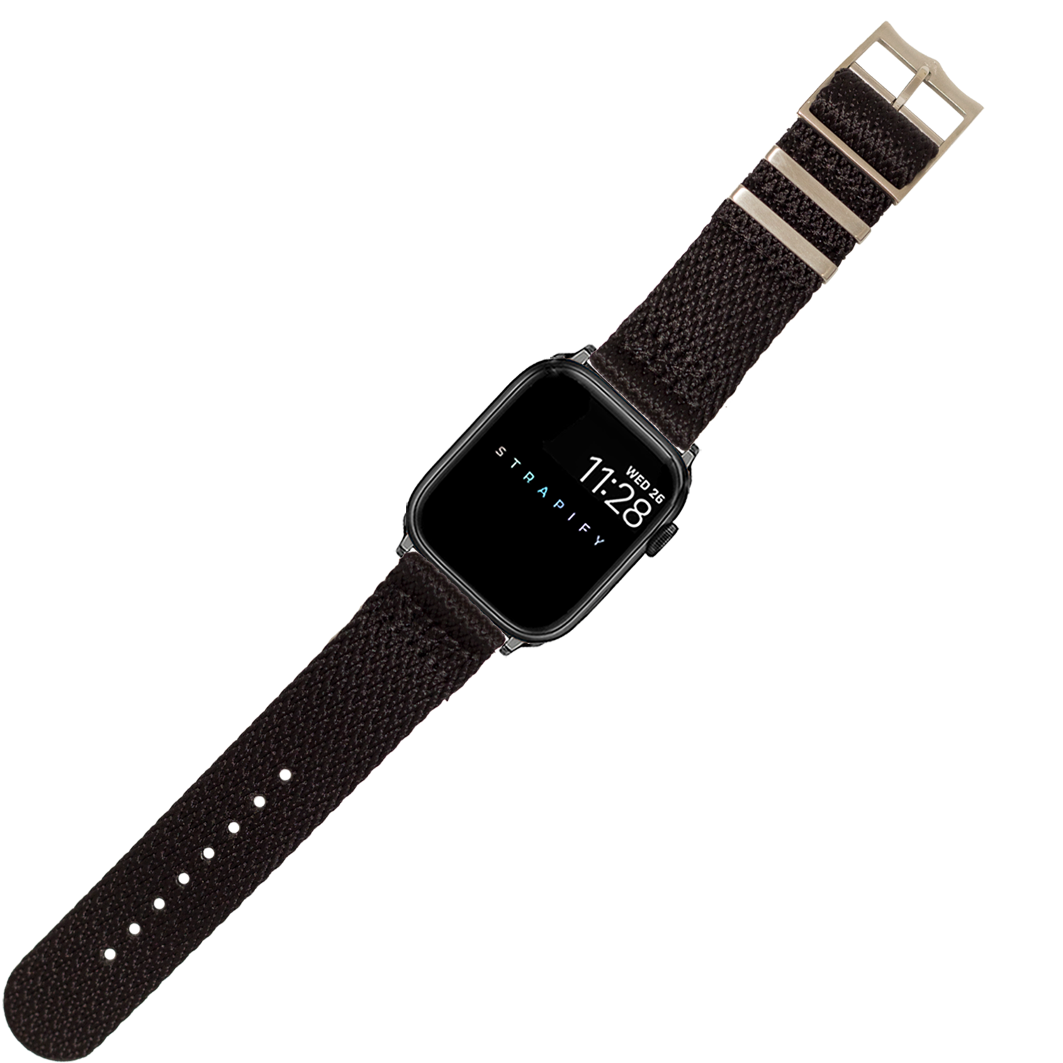 Black fabric smartwatch band with striped military-style design and metal buckle for Apple Watch
