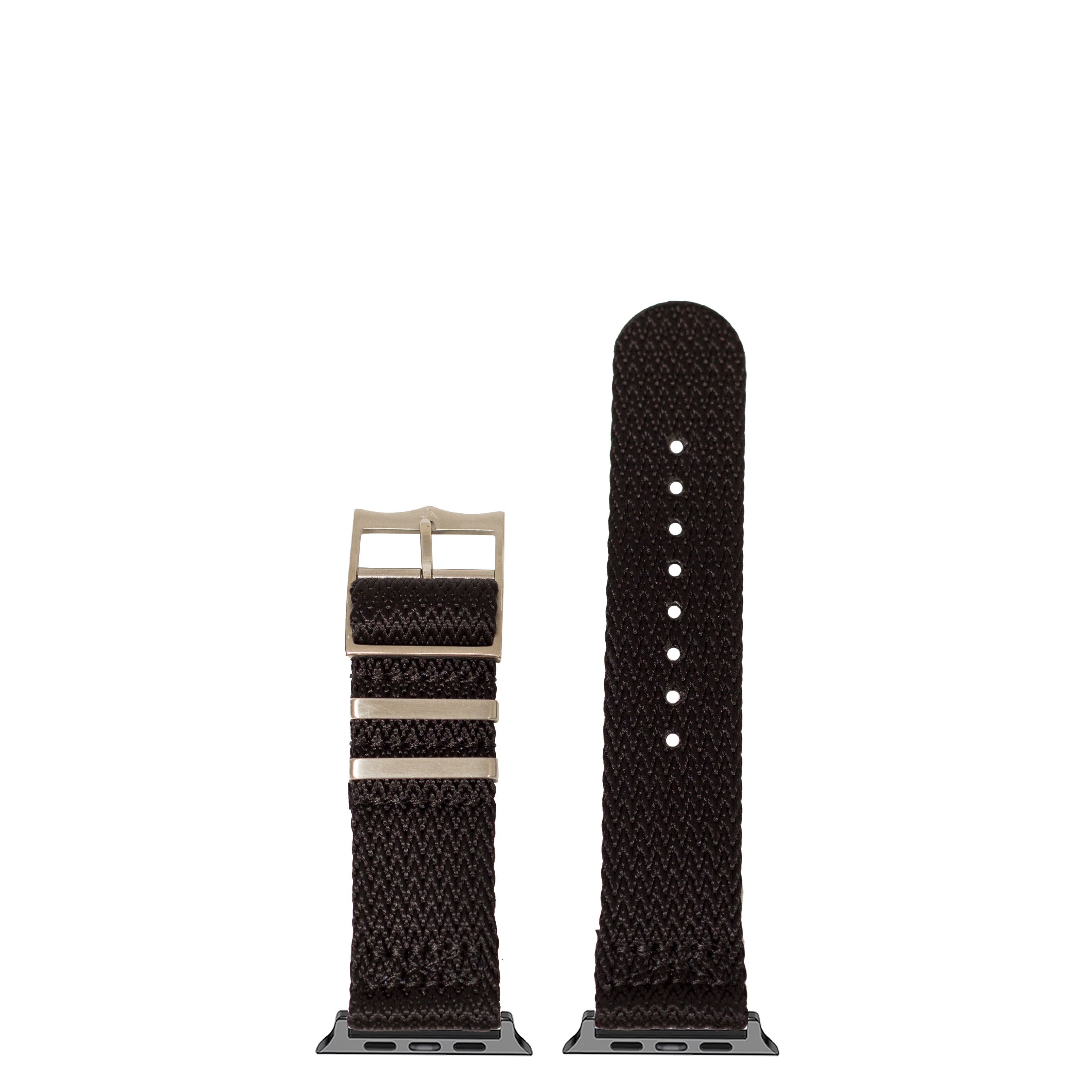 Black woven militex Apple Watch band with tan hardware and adapters, shown on and off watch connector