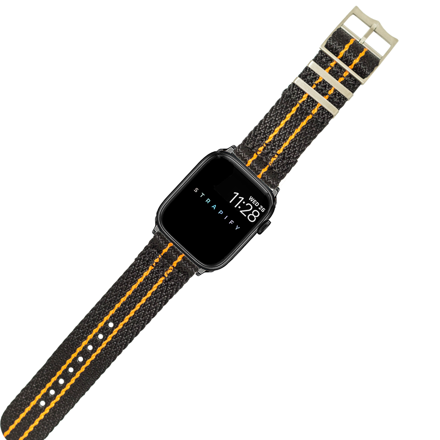 Black smartwatch with striped black and orange fabric military-style watch band and silver buckle