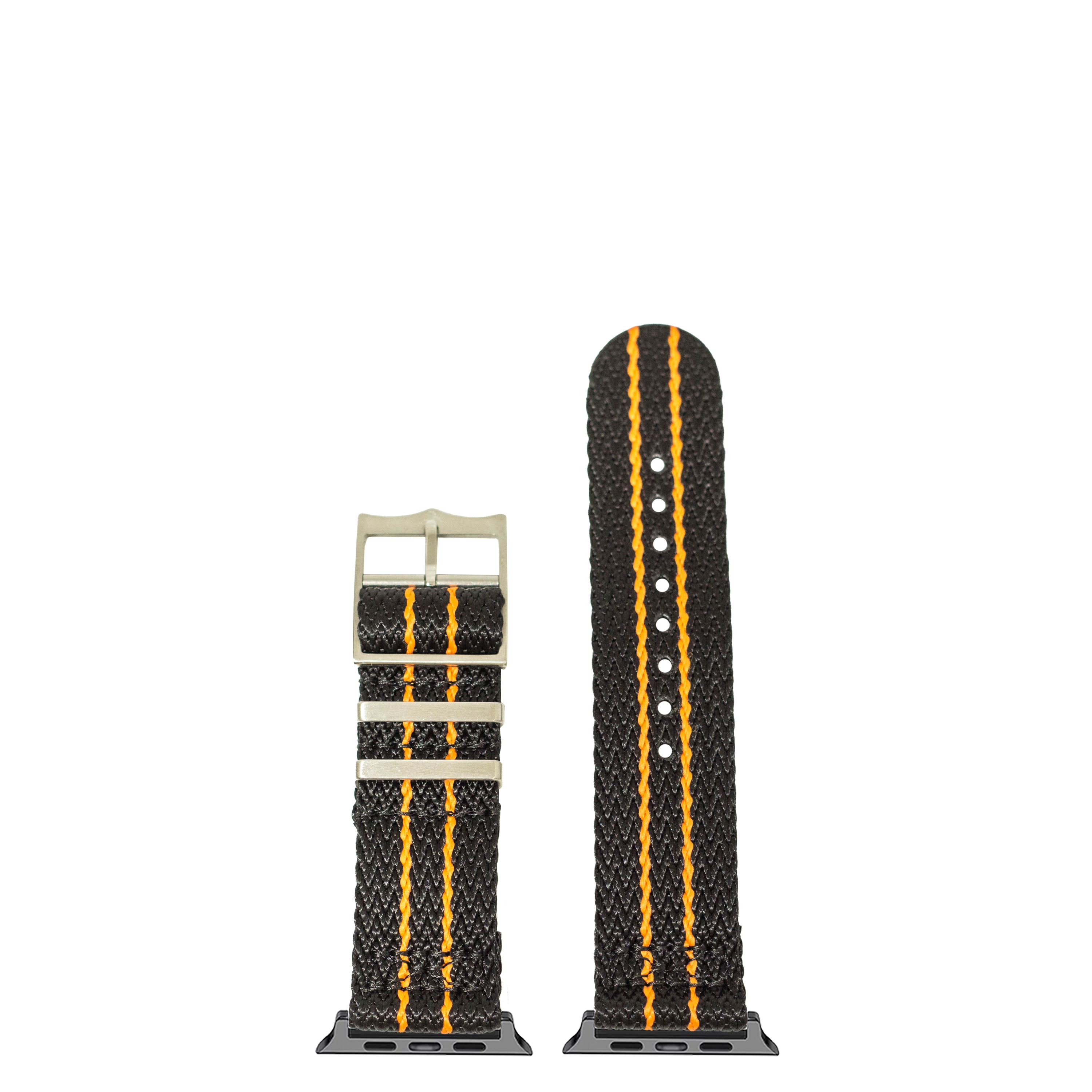Black nylon watch band with orange stripes and stainless steel buckle, shown installed and uninstalled on Apple Watch compatible connector