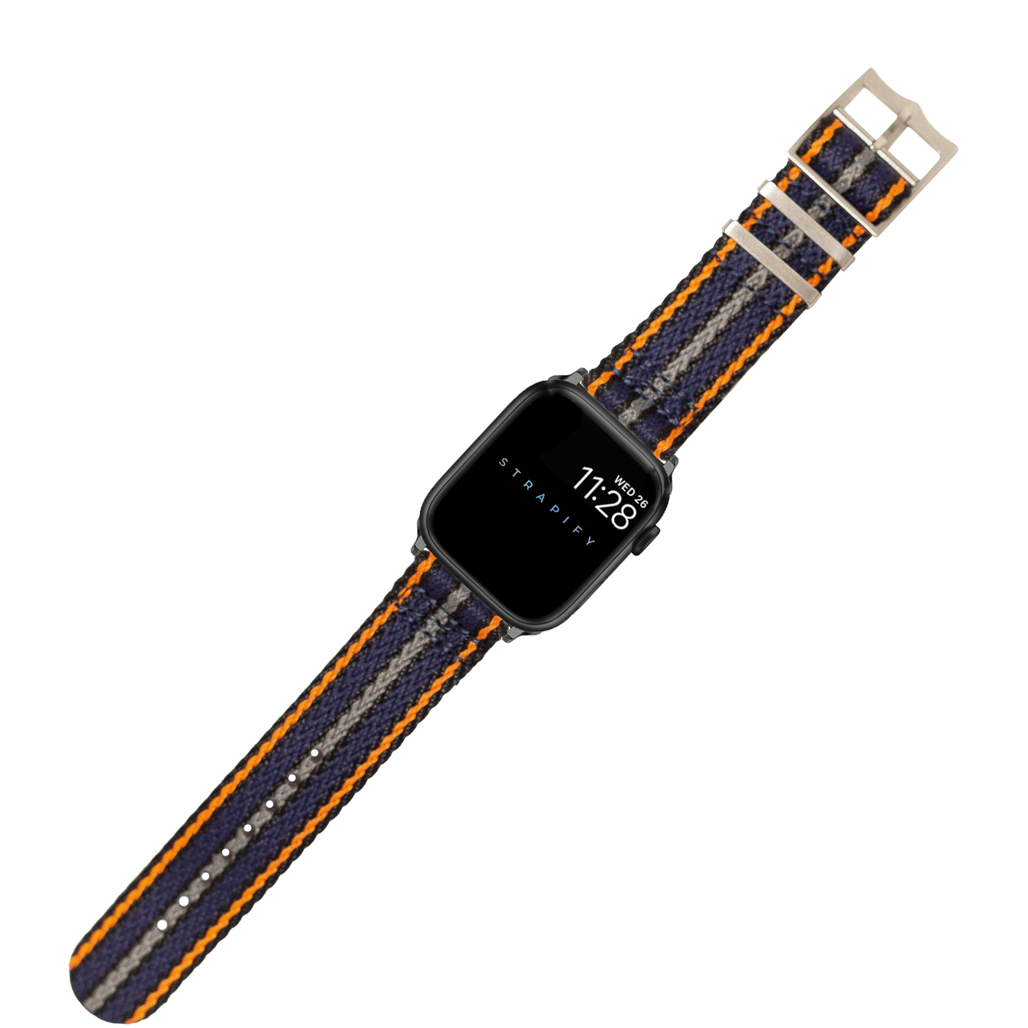 Smartwatch with black square face displaying time, featuring blue orange and grey striped fabric military-style band with silver hardware