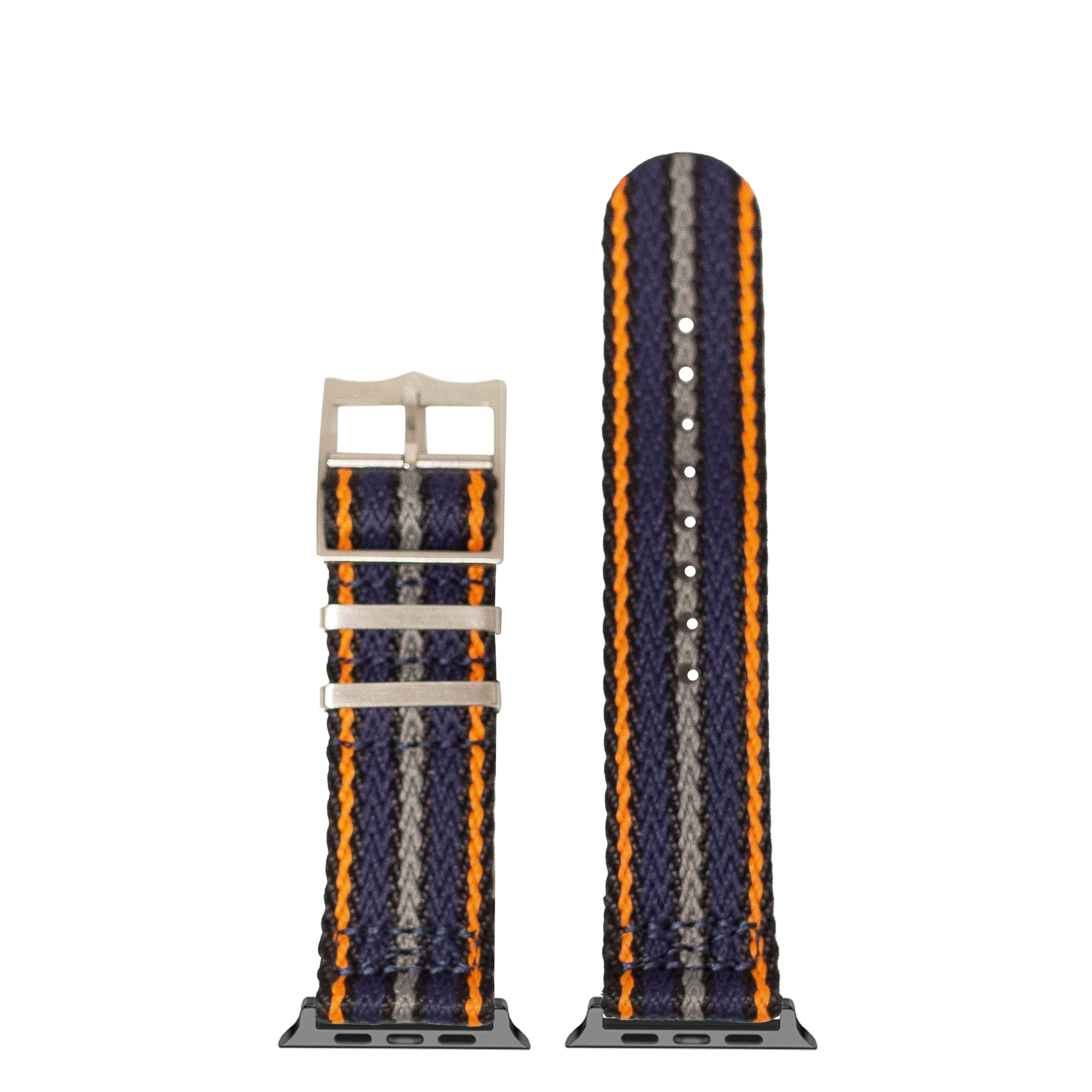 Navy blue fabric Apple Watch band with orange and grey stripes, shown with stainless steel buckle and connector hardware