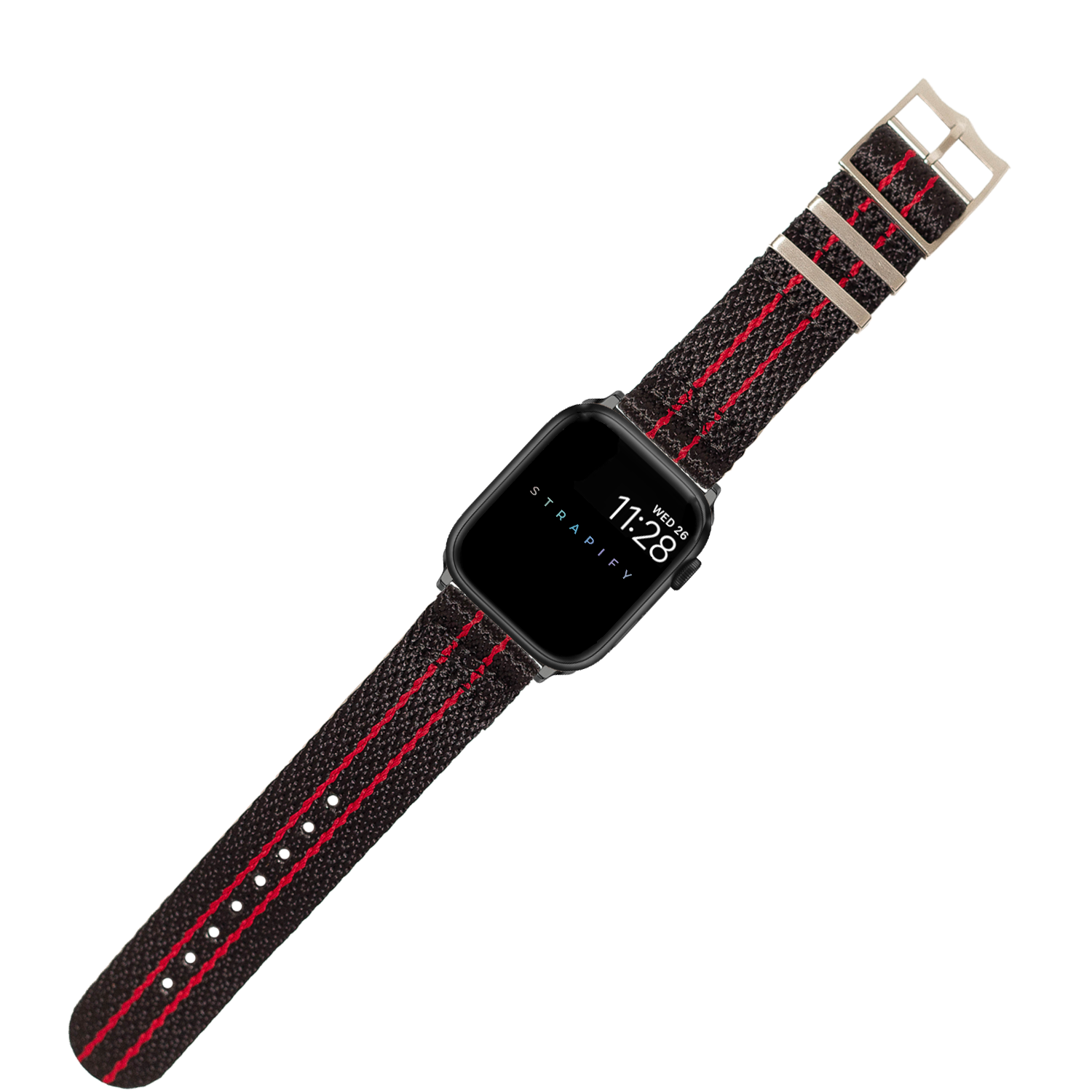 Black smartwatch with red striped military-style fabric band and silver buckle hardware