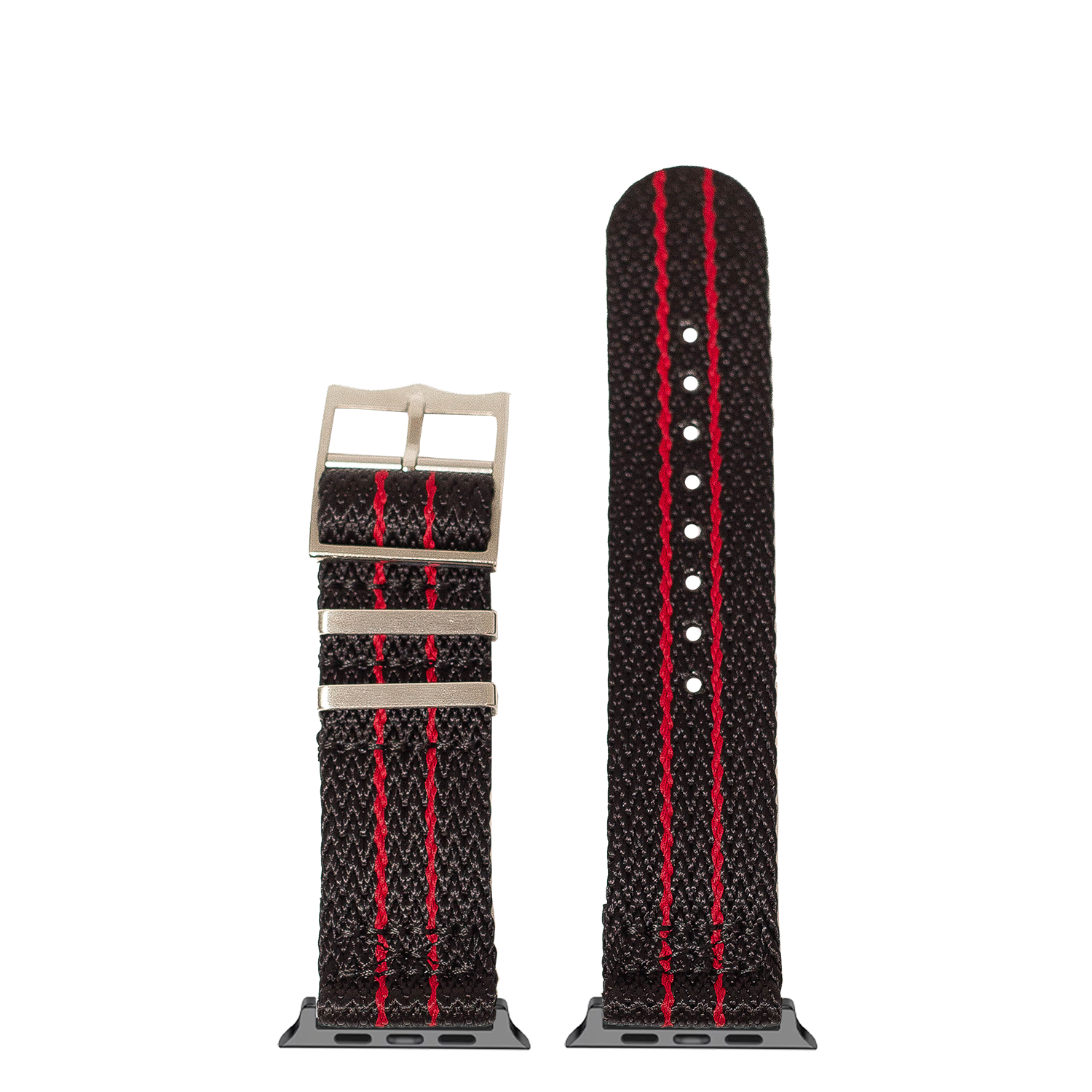 Black fabric smartwatch band with red stitching, silver hardware, and compatible connector pins for Apple Watch