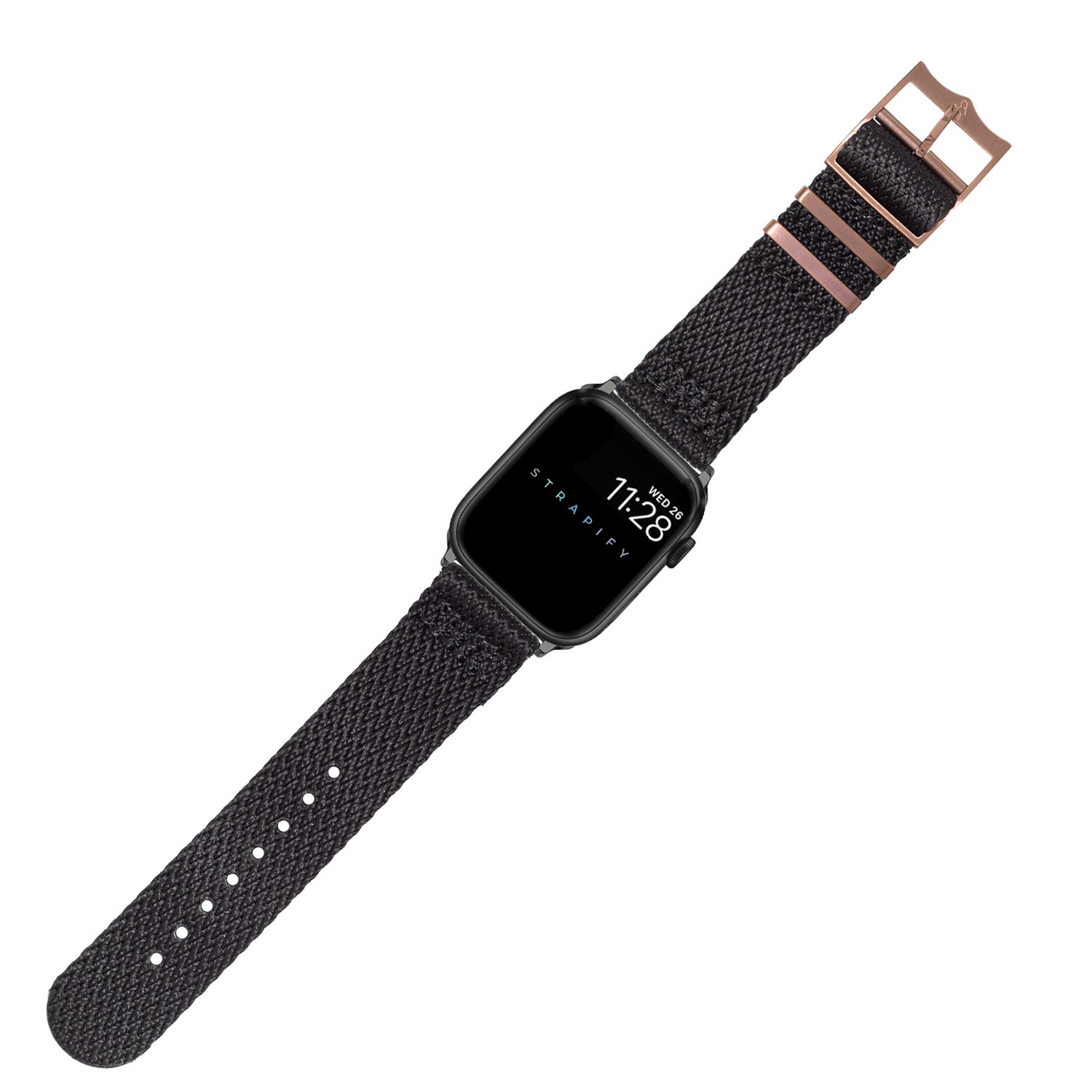 Black woven smartwatch band with rose gold hardware and adjustable sizing holes for Apple Watch