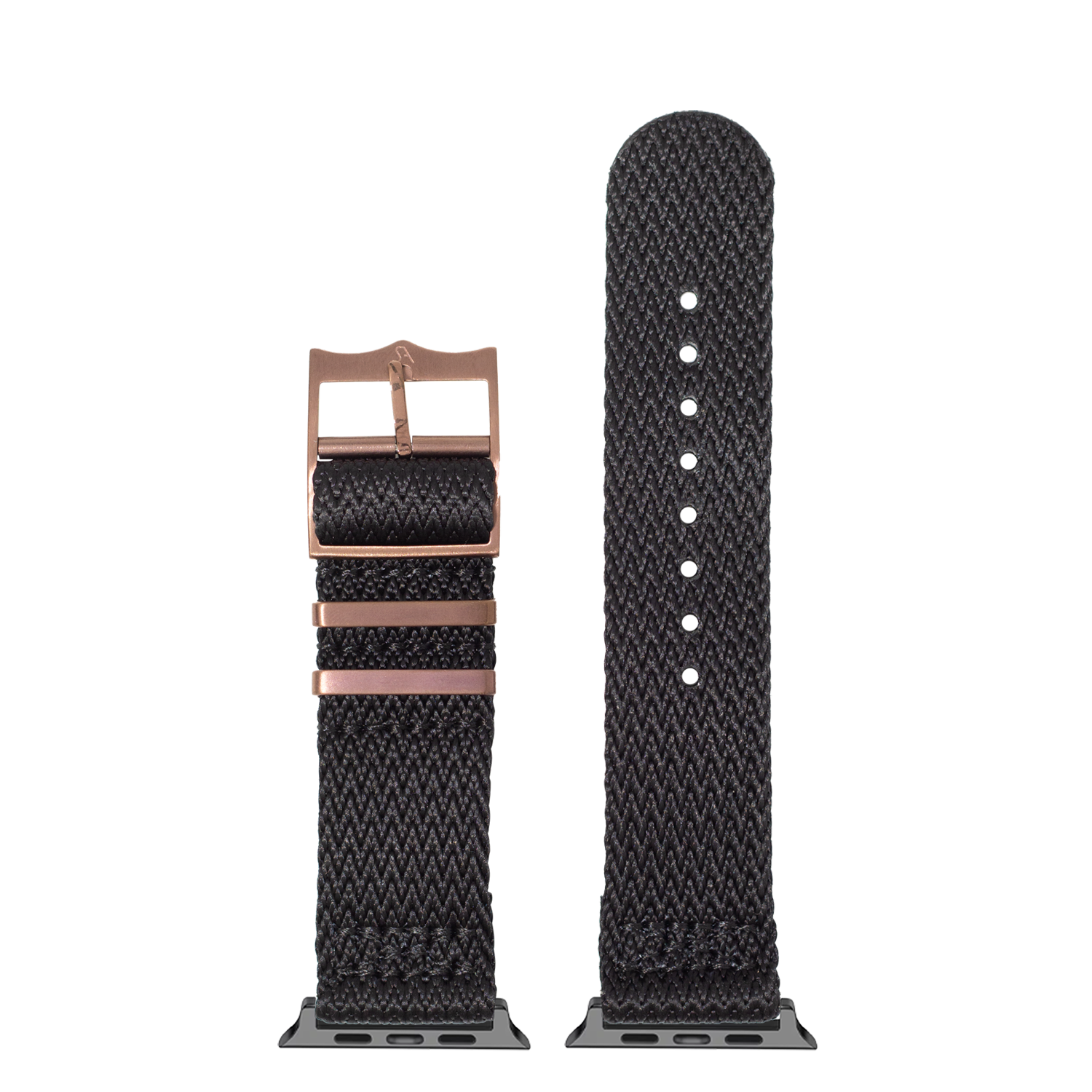 Black woven fabric Apple Watch band with bronze buckle and hardware, shown attached and unattached to display connectors