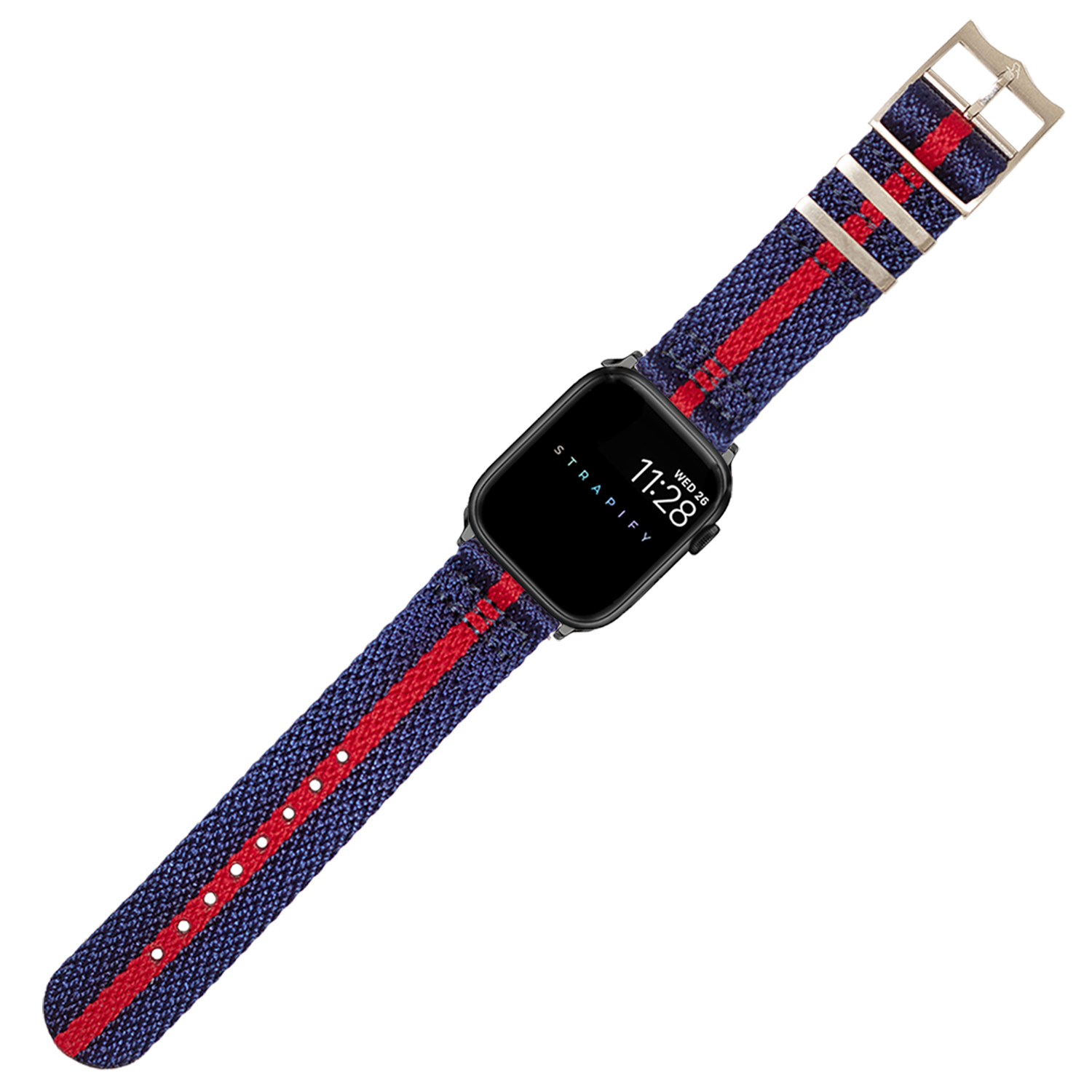 Black smartwatch with blue and red striped fabric band and silver buckle, displaying time on screen