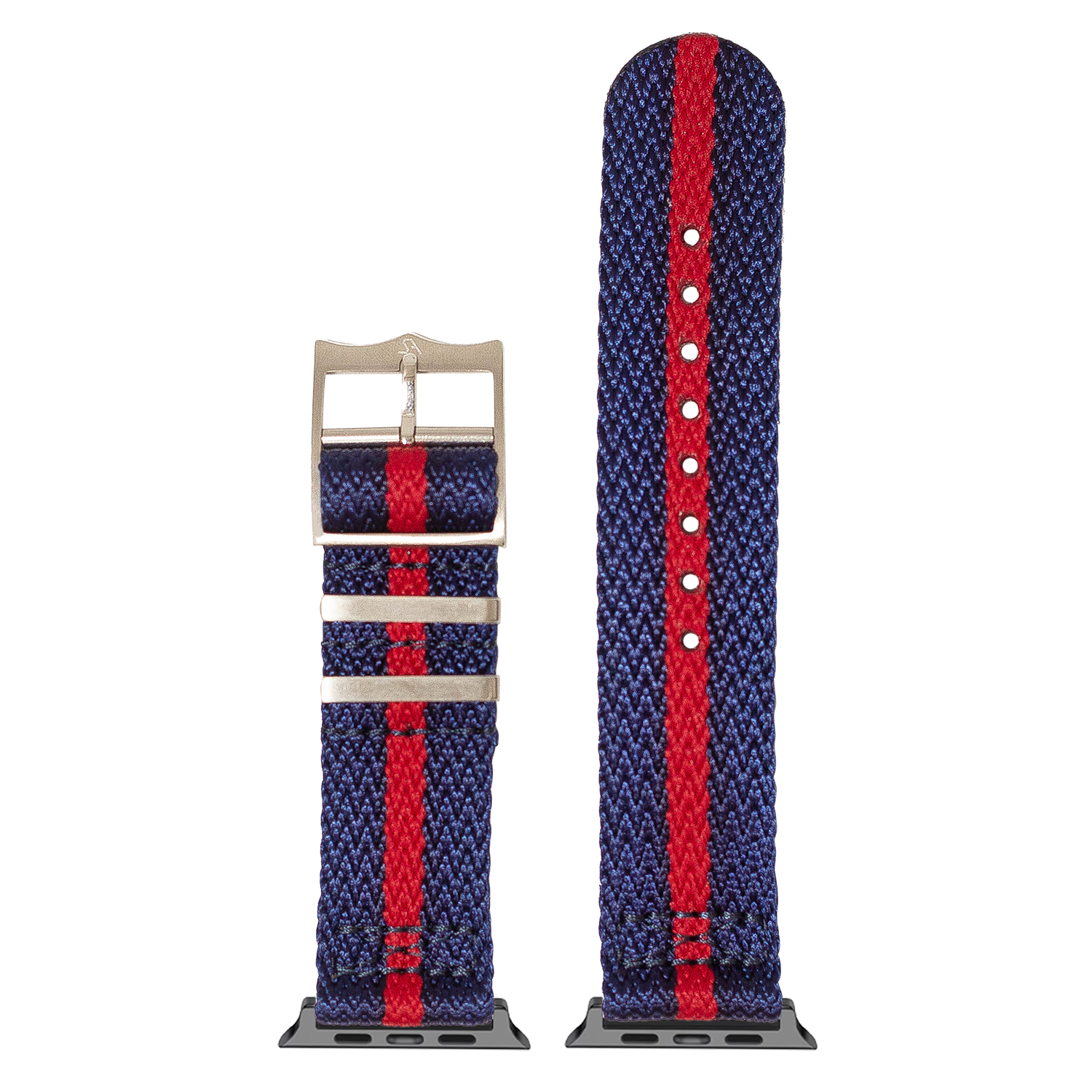 Blue and red striped fabric Apple Watch band with silver buckle and connector adapters