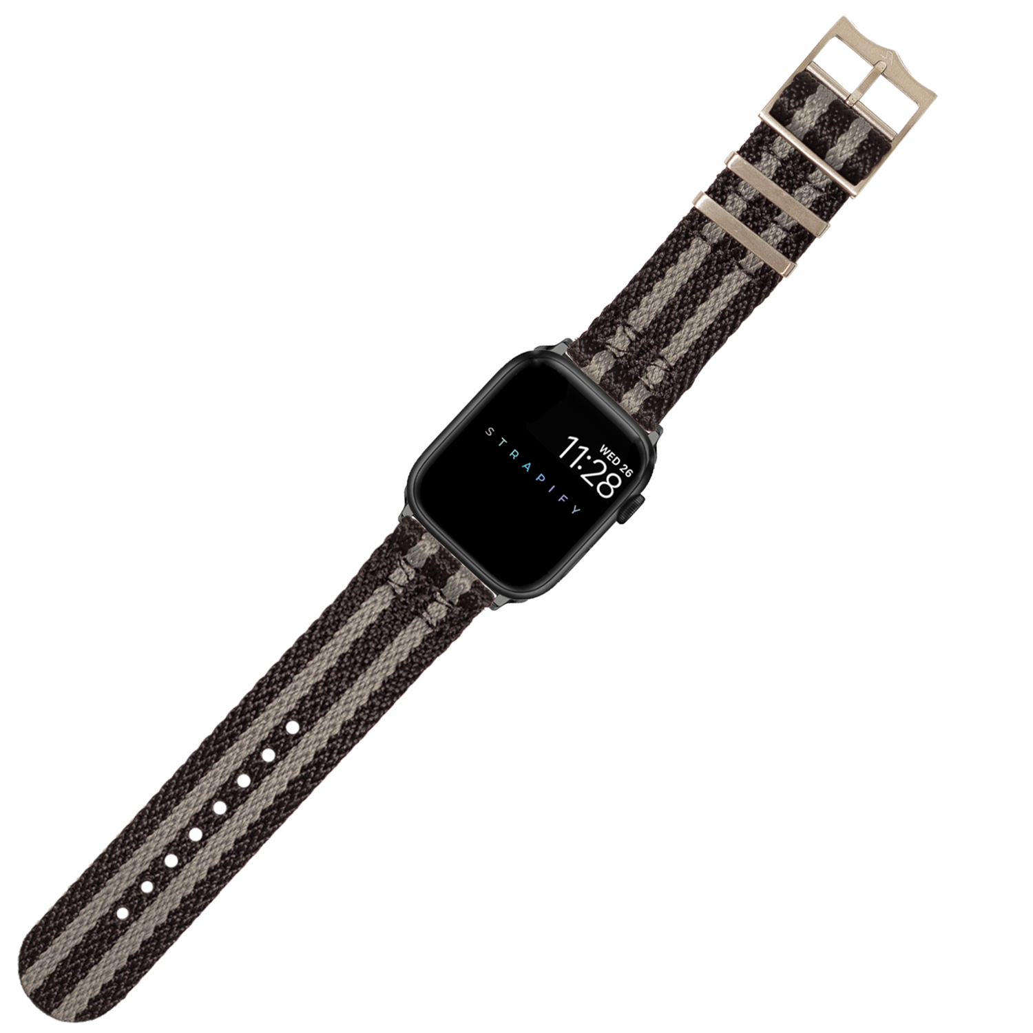 Black smartwatch with striped military-style fabric band, displaying time on square screen face