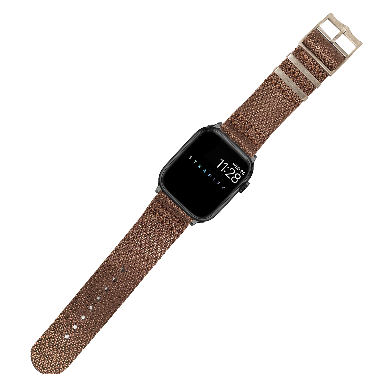 Black smartwatch with coffee brown Militex fabric band and silver buckle clasp