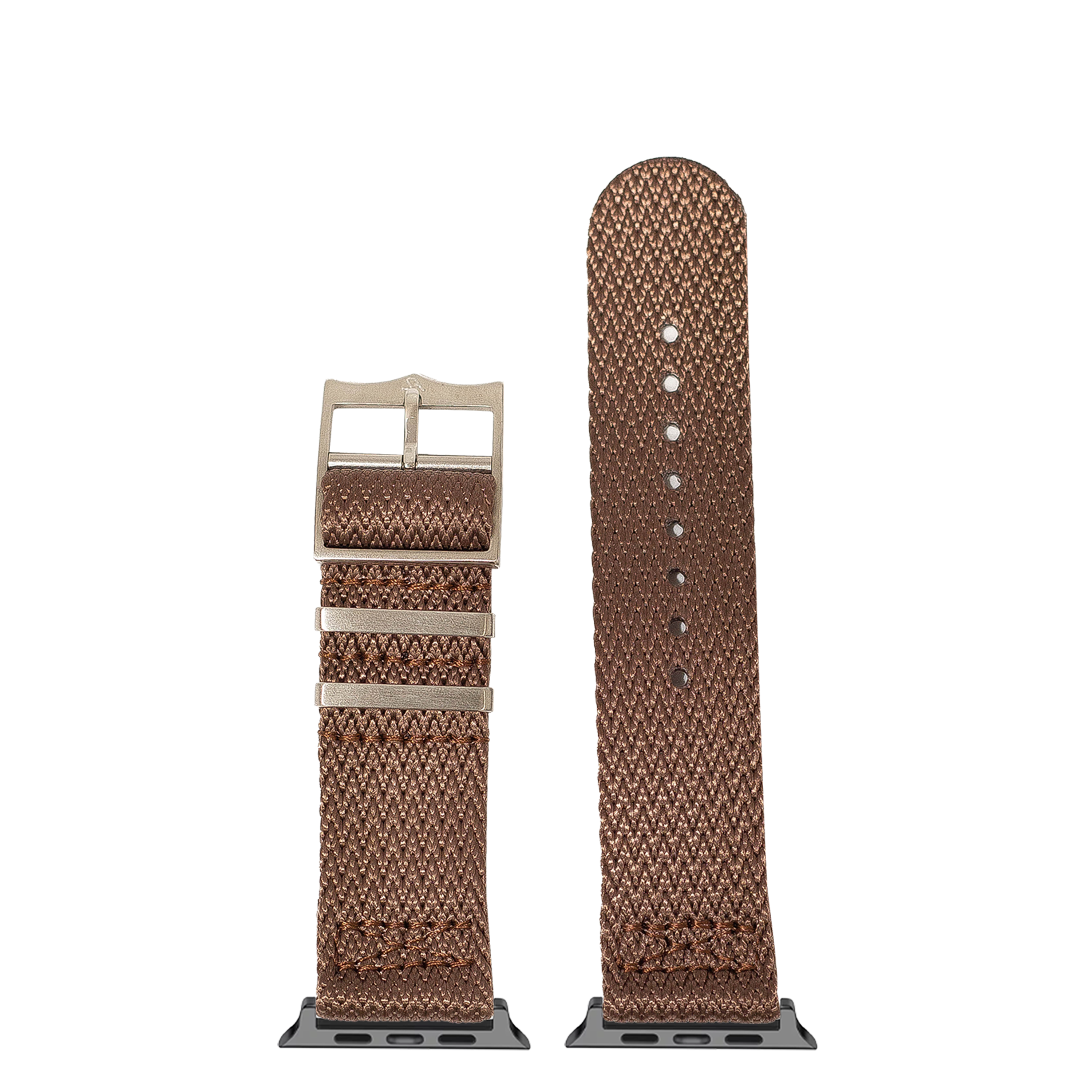 Brown woven fabric smartwatch band with metal buckle and adapter connectors for Apple Watch