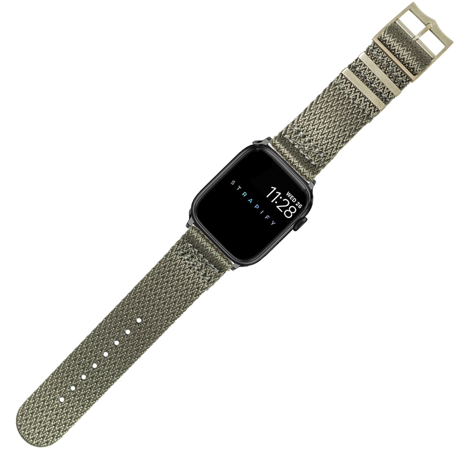 Smartwatch with square black face and grey woven fabric band featuring geometric pattern and metal buckle closure