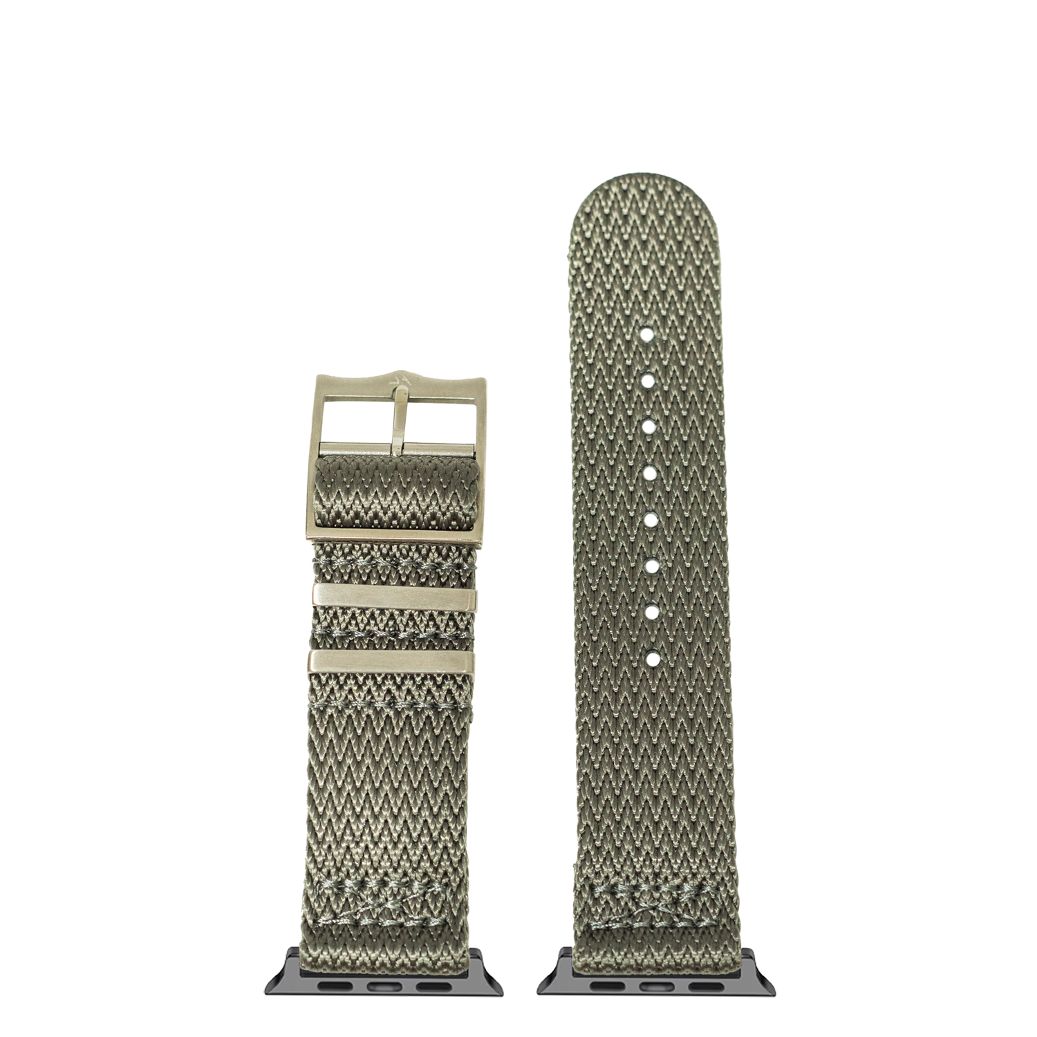 Grey Sharktooth Militex Apple Watch band with grey metal buckle and matching band strap displayed side by side