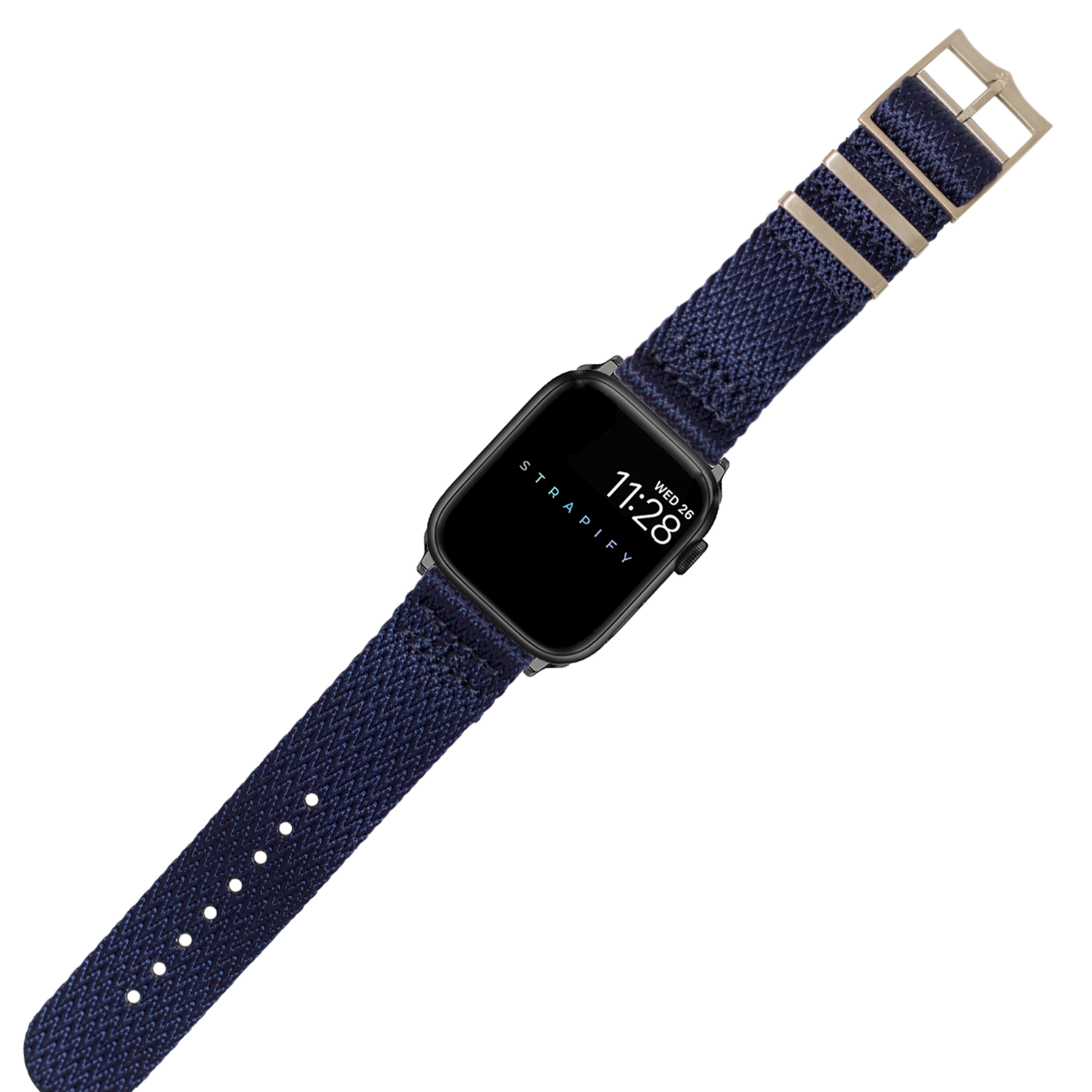 Navy blue woven fabric smartwatch band with khaki stripe accents and stainless steel buckle on black digital watch
