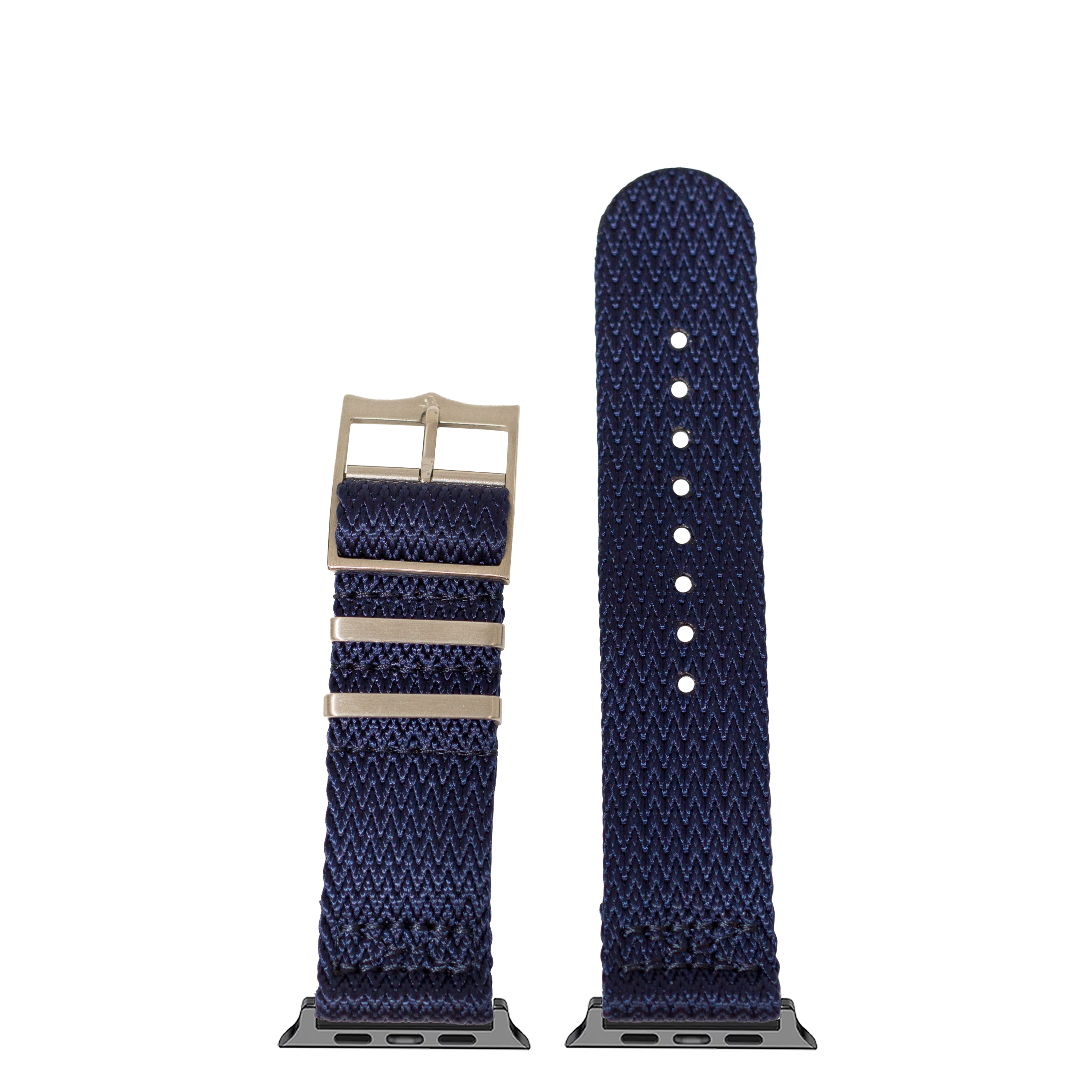 Navy blue woven Militex watch band with tan buckle and metal adapter, shown folded and extended for Apple Watch