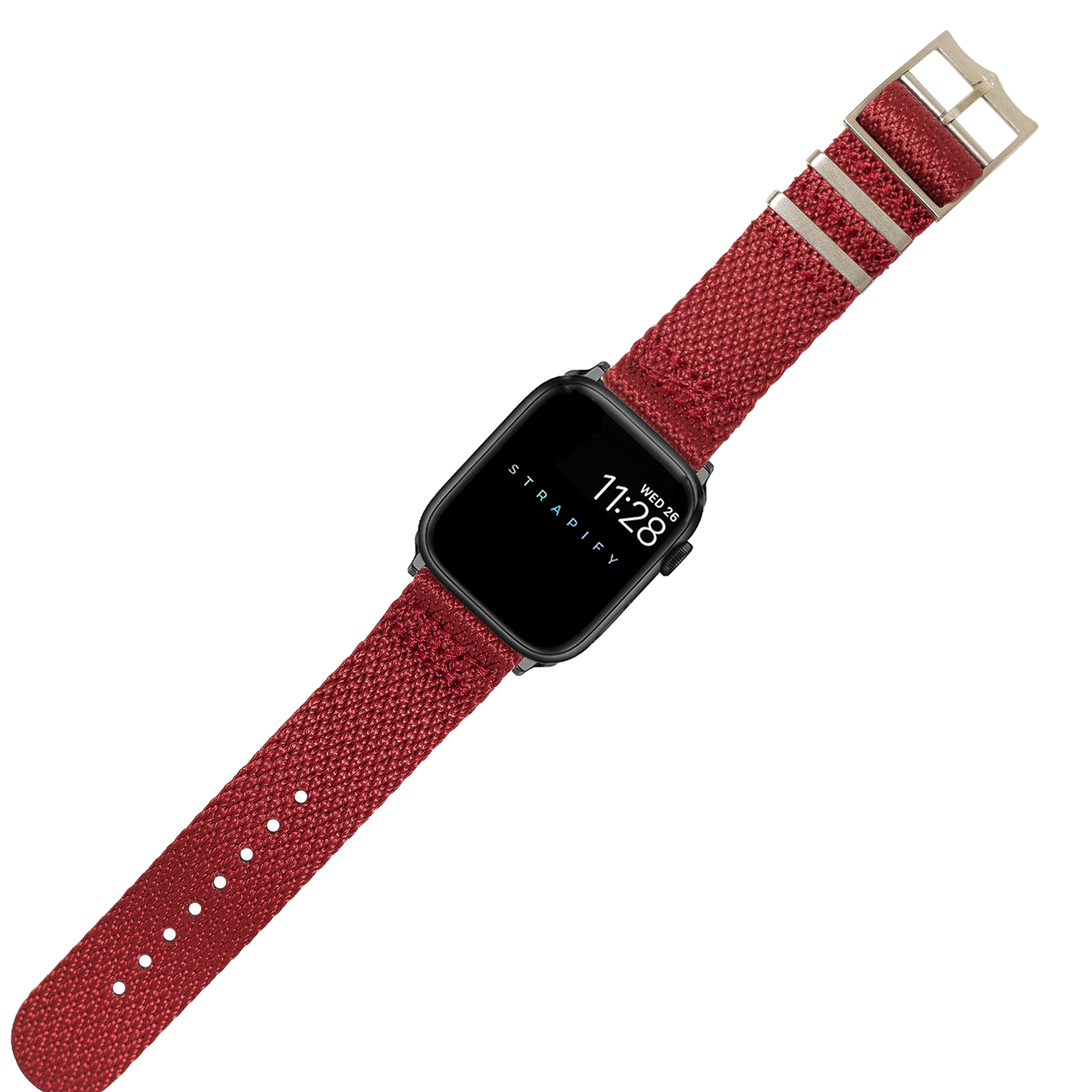 Red Militex fabric smartwatch band with black square face display showing time, silver buckle hardware and adjustable strap