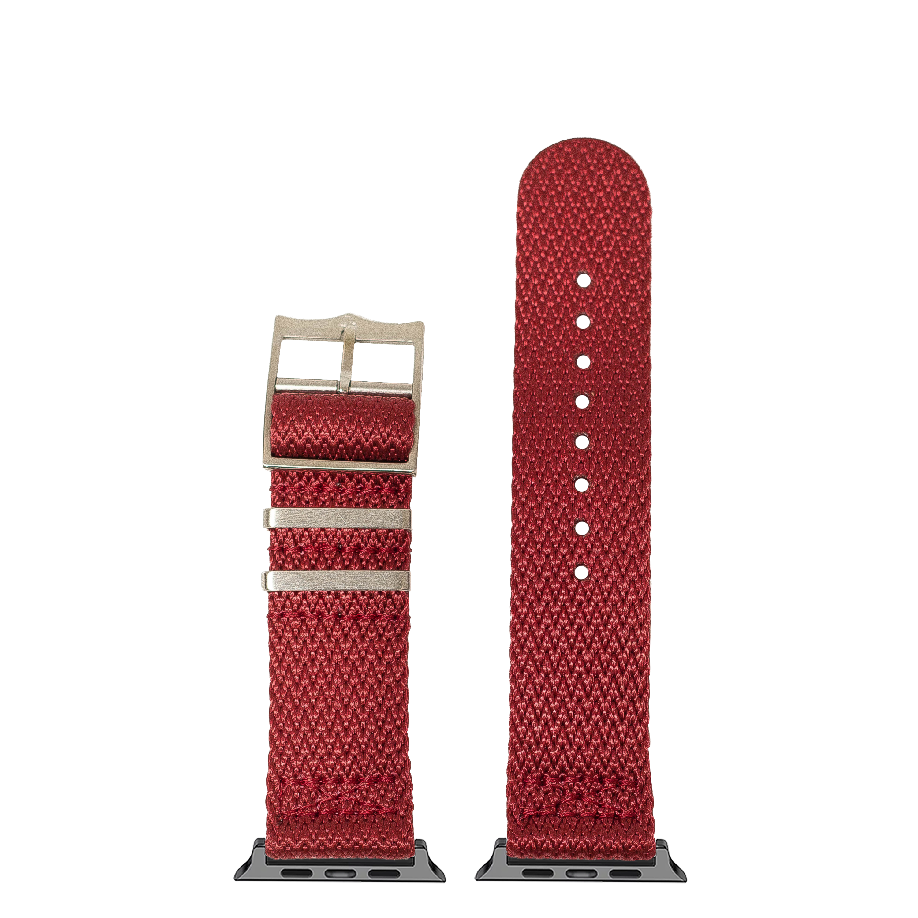 Red Sharktooth Militex fabric watch band with silver buckle and connector adapters for Apple Watch