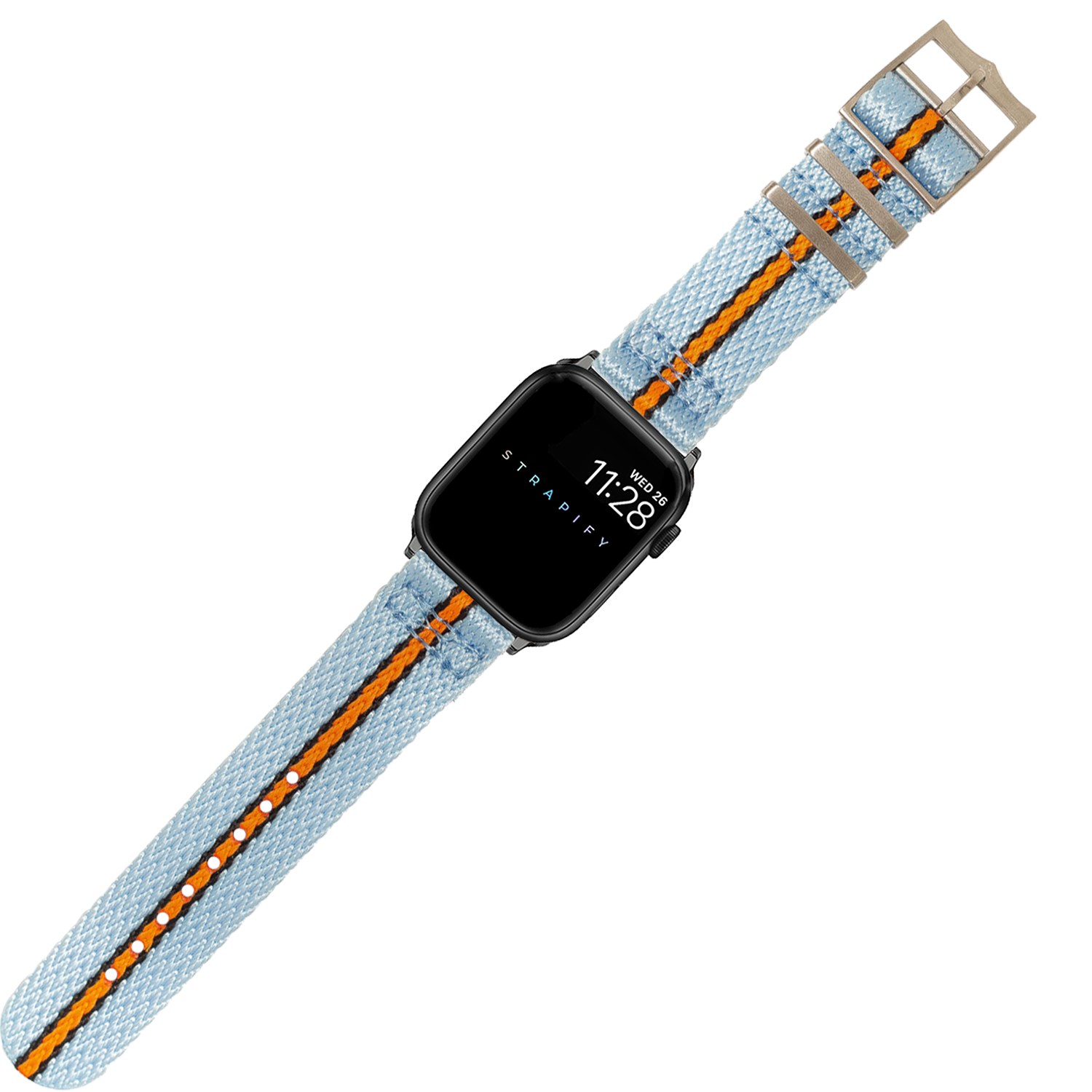 Smartwatch with sky blue and orange striped fabric band and black square case displaying time and date