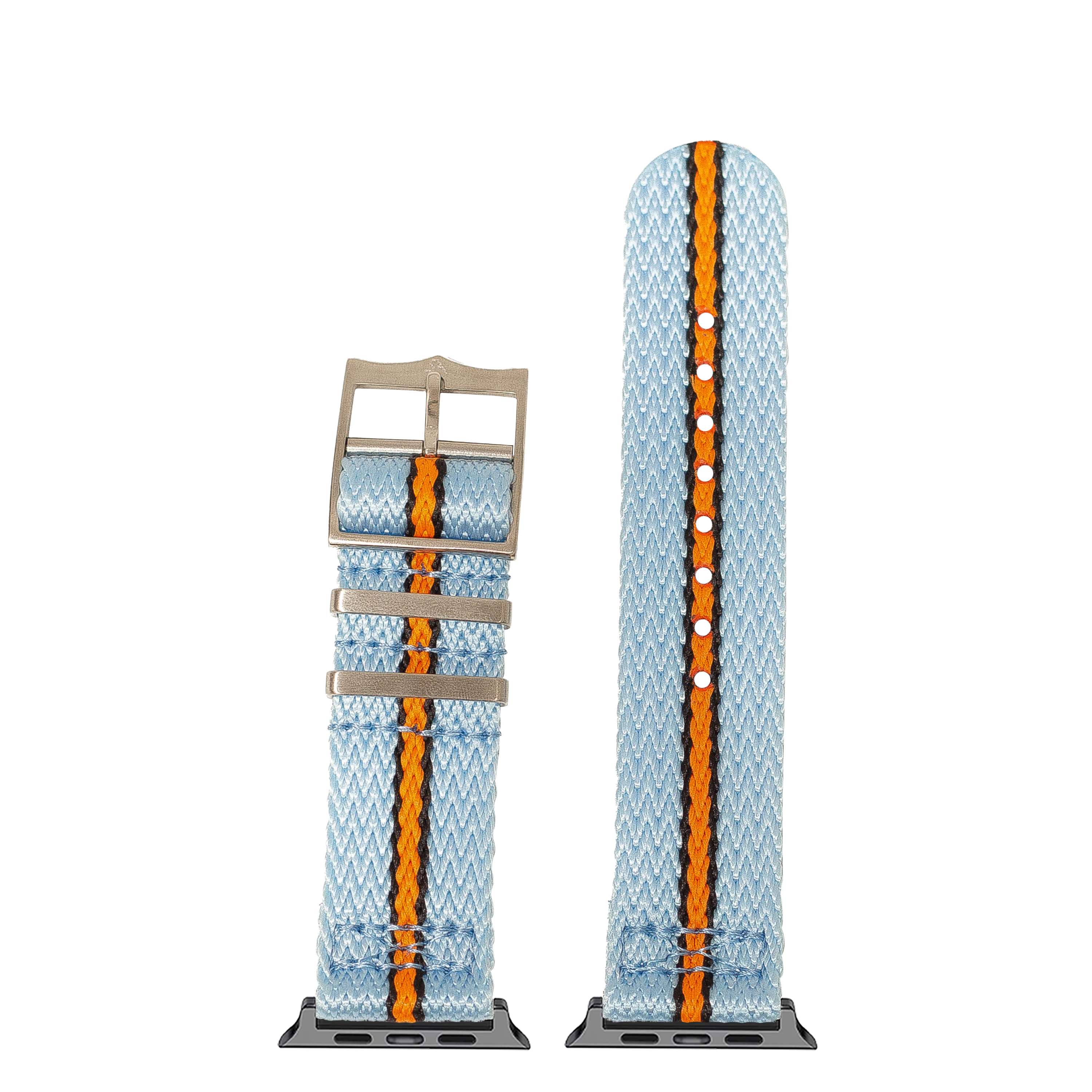 Blue and orange woven fabric Apple Watch band with metal buckle and connector adapter, shown in two sizes
