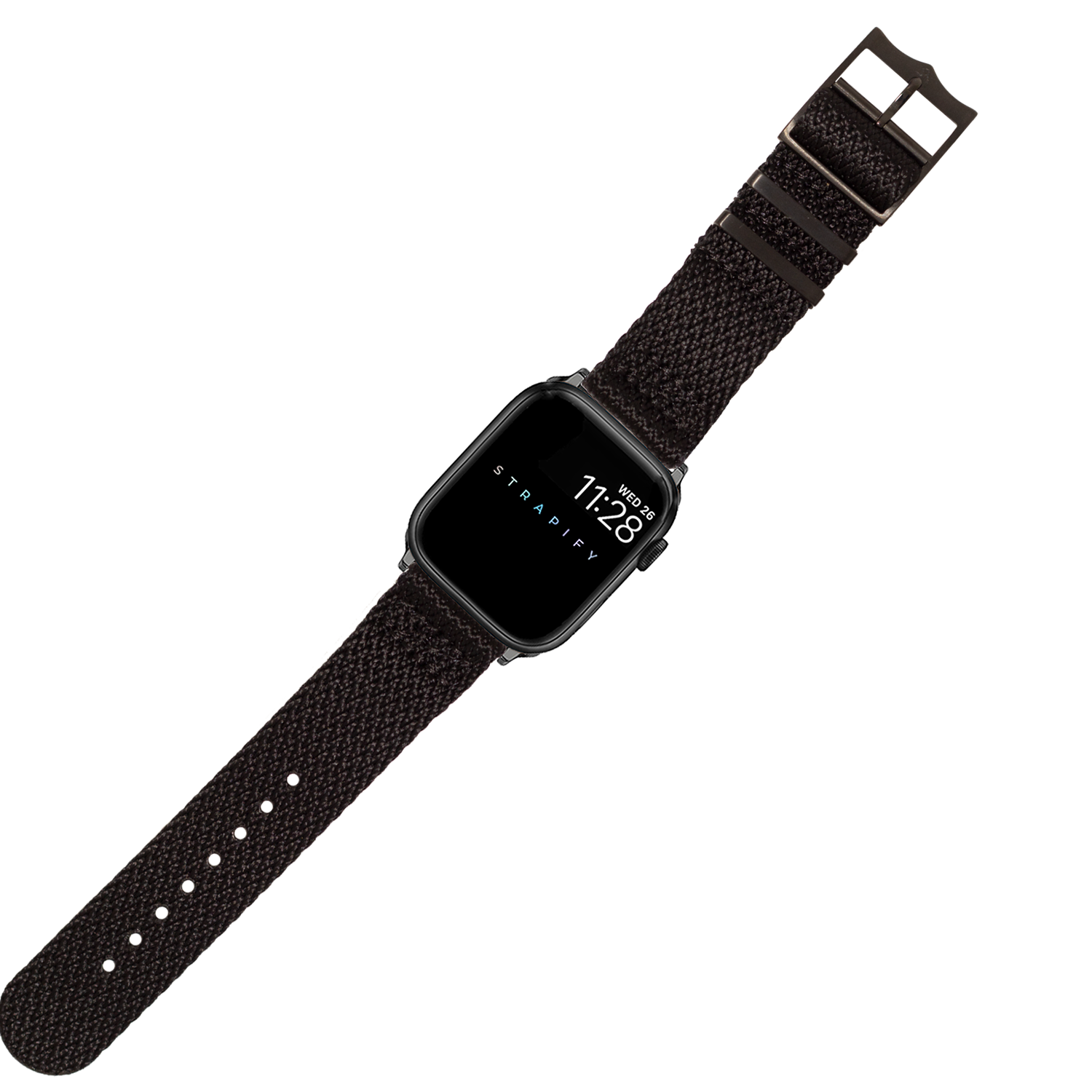 Black fabric smartwatch band with black hardware and adjustable strap for Apple Watch