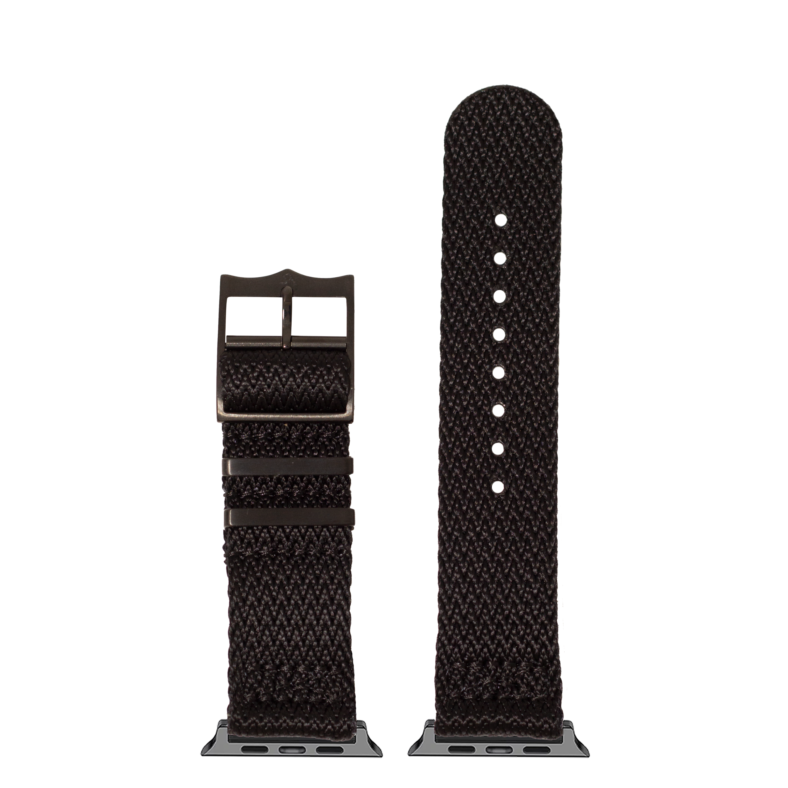 Black Militex smartwatch band with metal buckle and connector adapters, featuring textured woven fabric design and stealth black hardware
