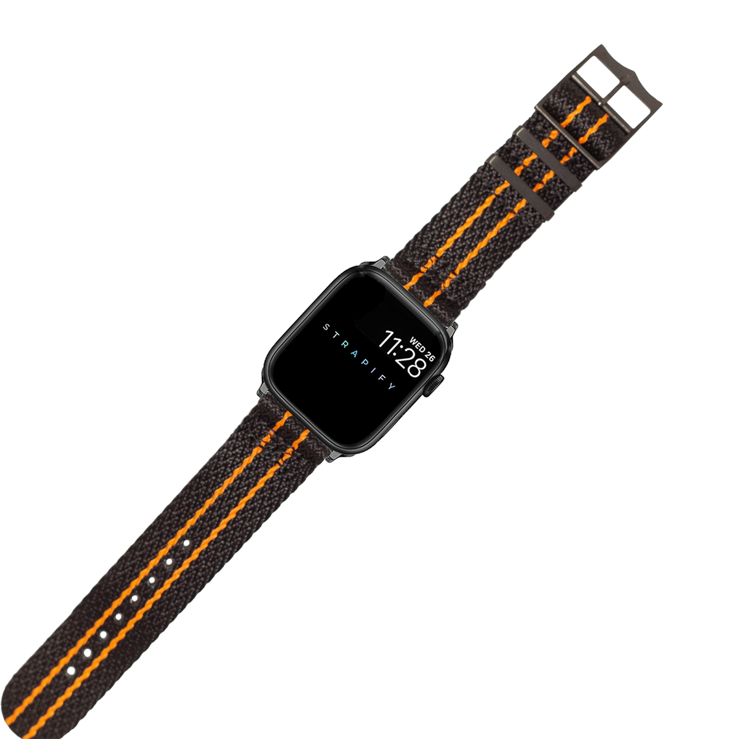 Black smartwatch with stealth black square face and charcoal orange striped military textile band with silver hardware buckle