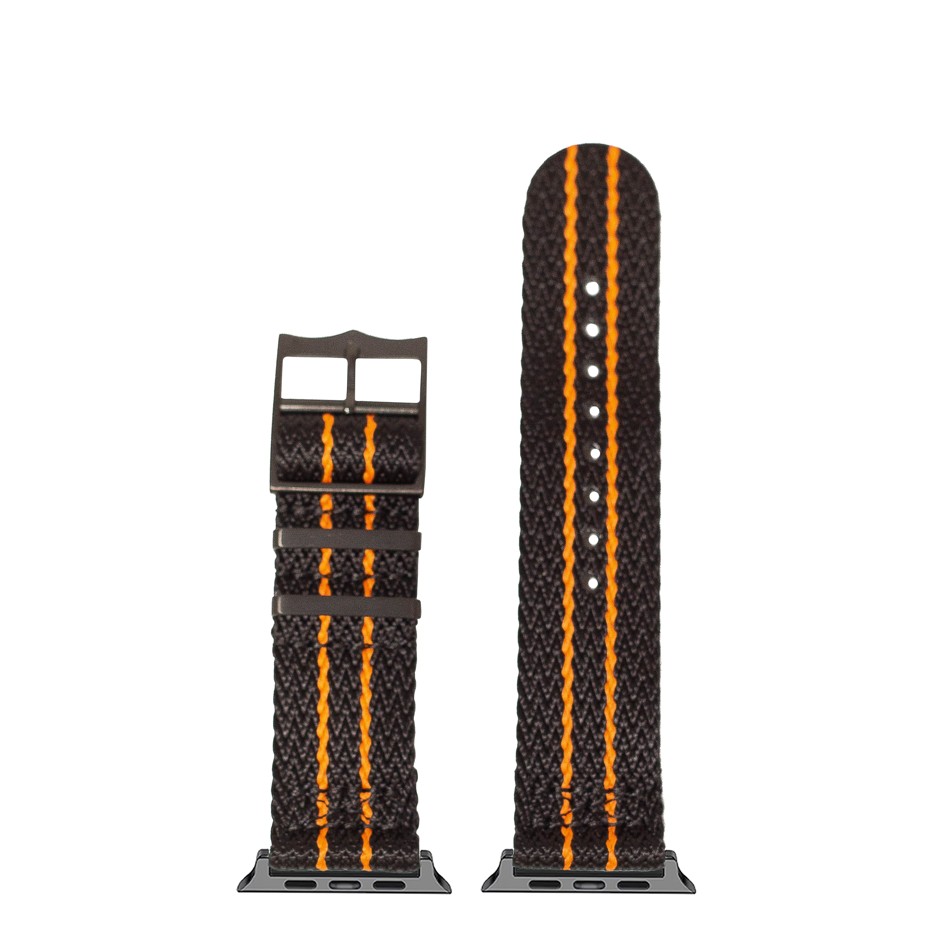 Black and orange nylon watch band with matching connector hardware and contrasting orange stitching detail