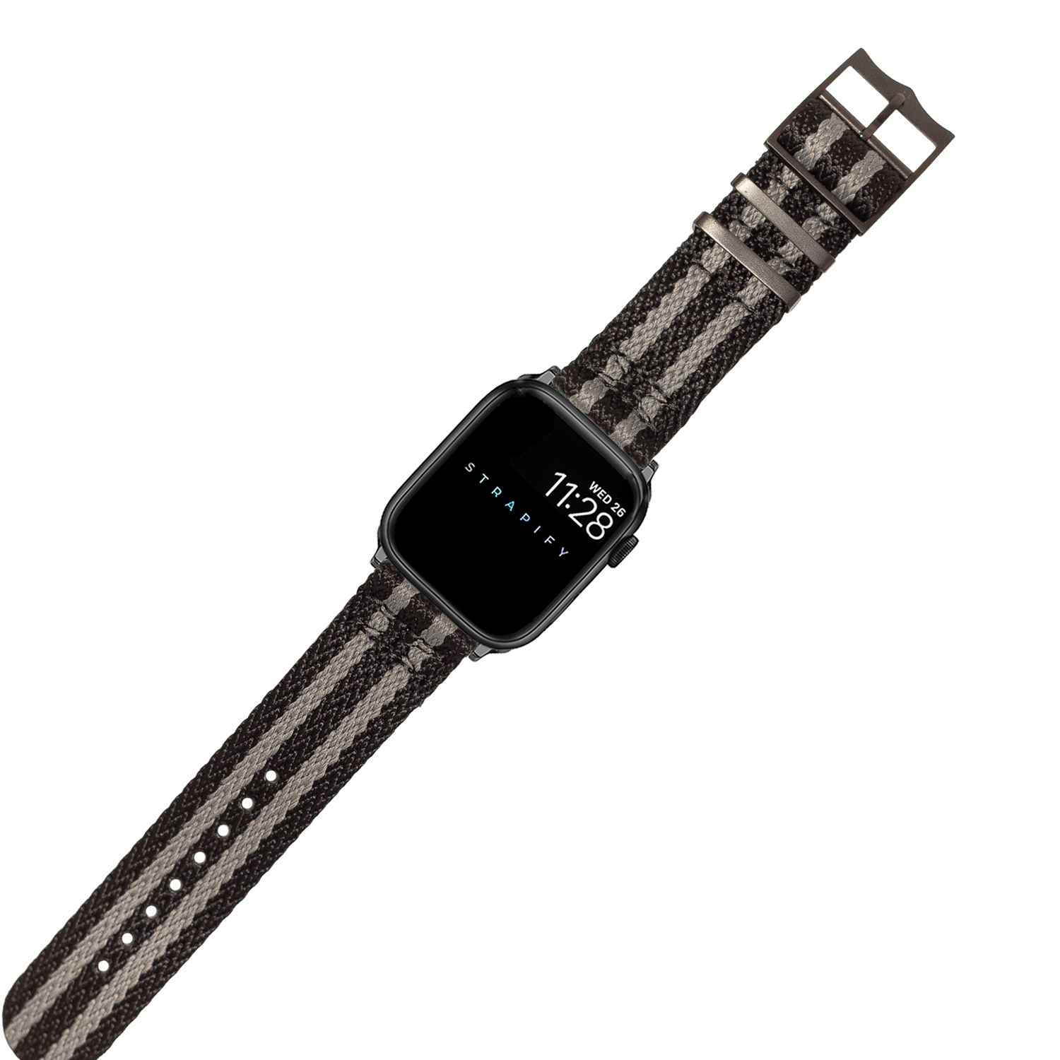 Black and grey striped Militex smartwatch band with black hardware on square-face digital watch displaying time and Strapify branding