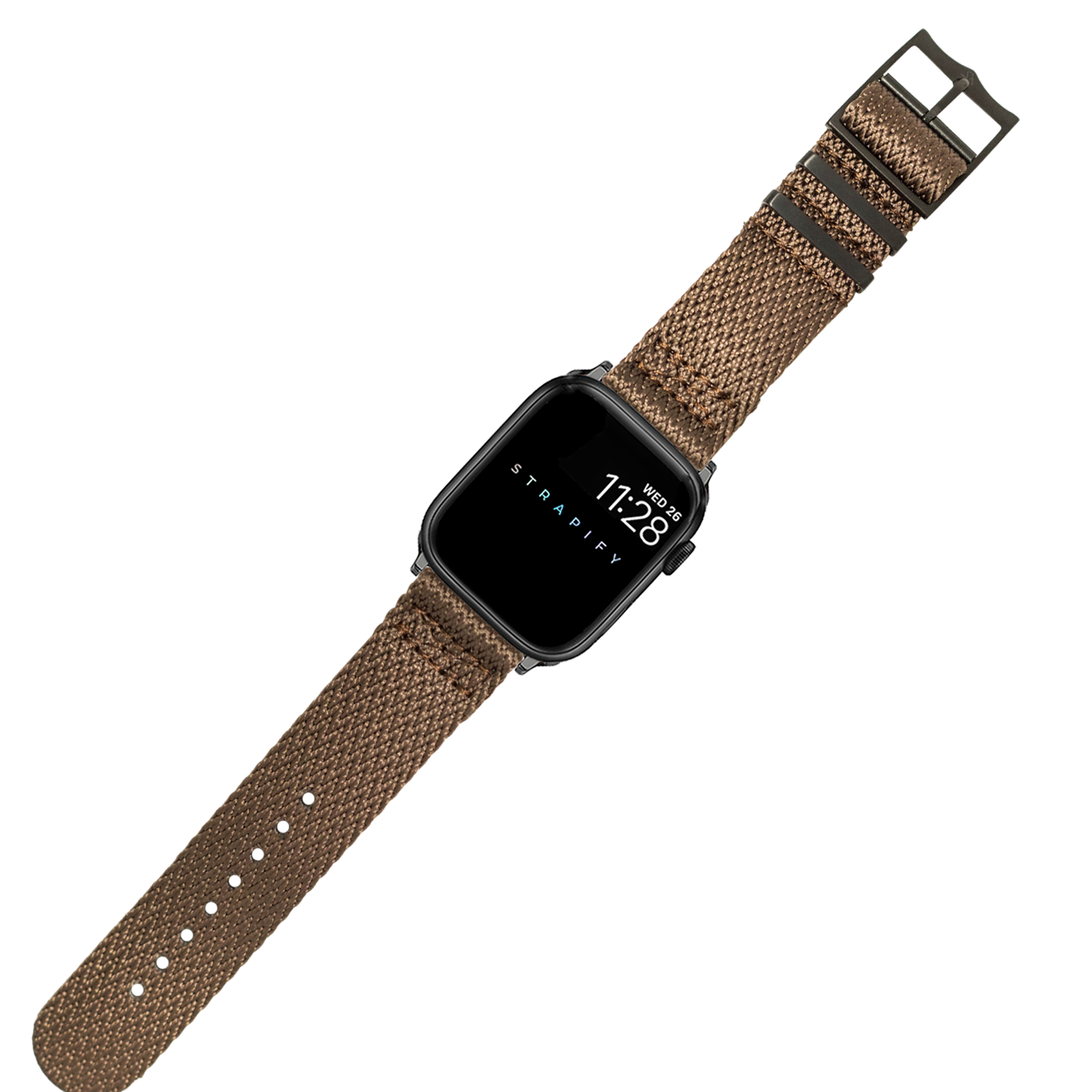 Black smartwatch with tan woven military-style fabric band and black hardware buckle displaying time on screen