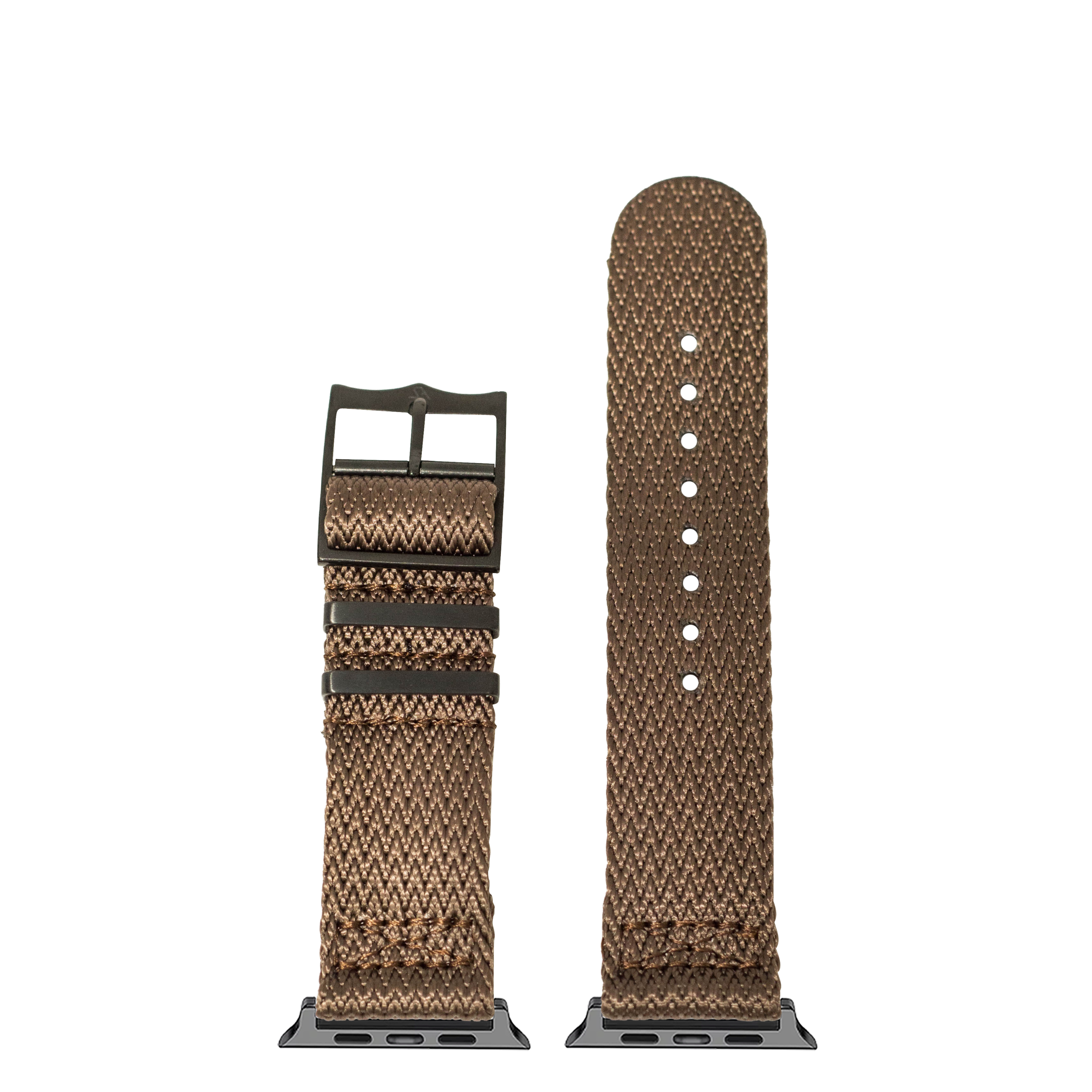 Sharktooth Militex stealth brown smartwatch band with black hardware, shown assembled and disassembled with connector adapters