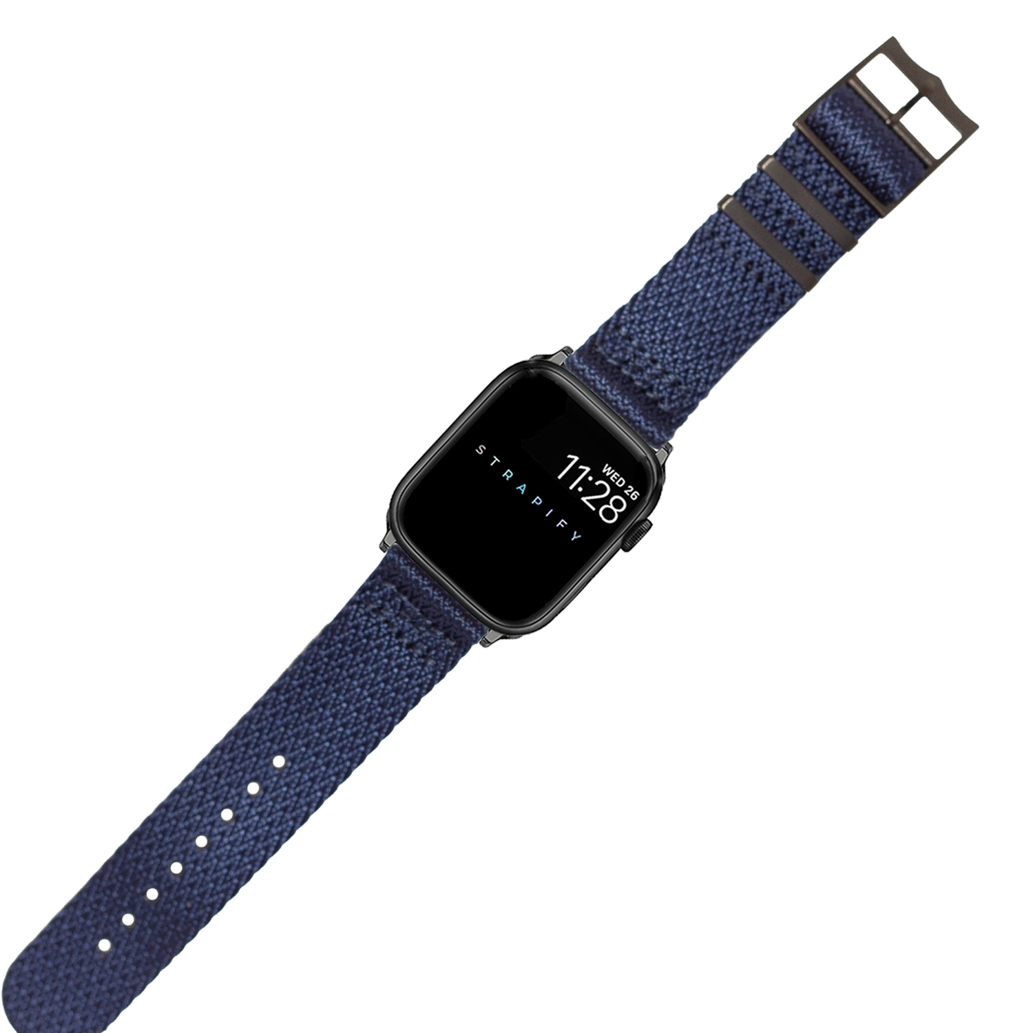 Smartwatch with black square case and navy blue woven fabric band featuring black hardware and tactical stripe design