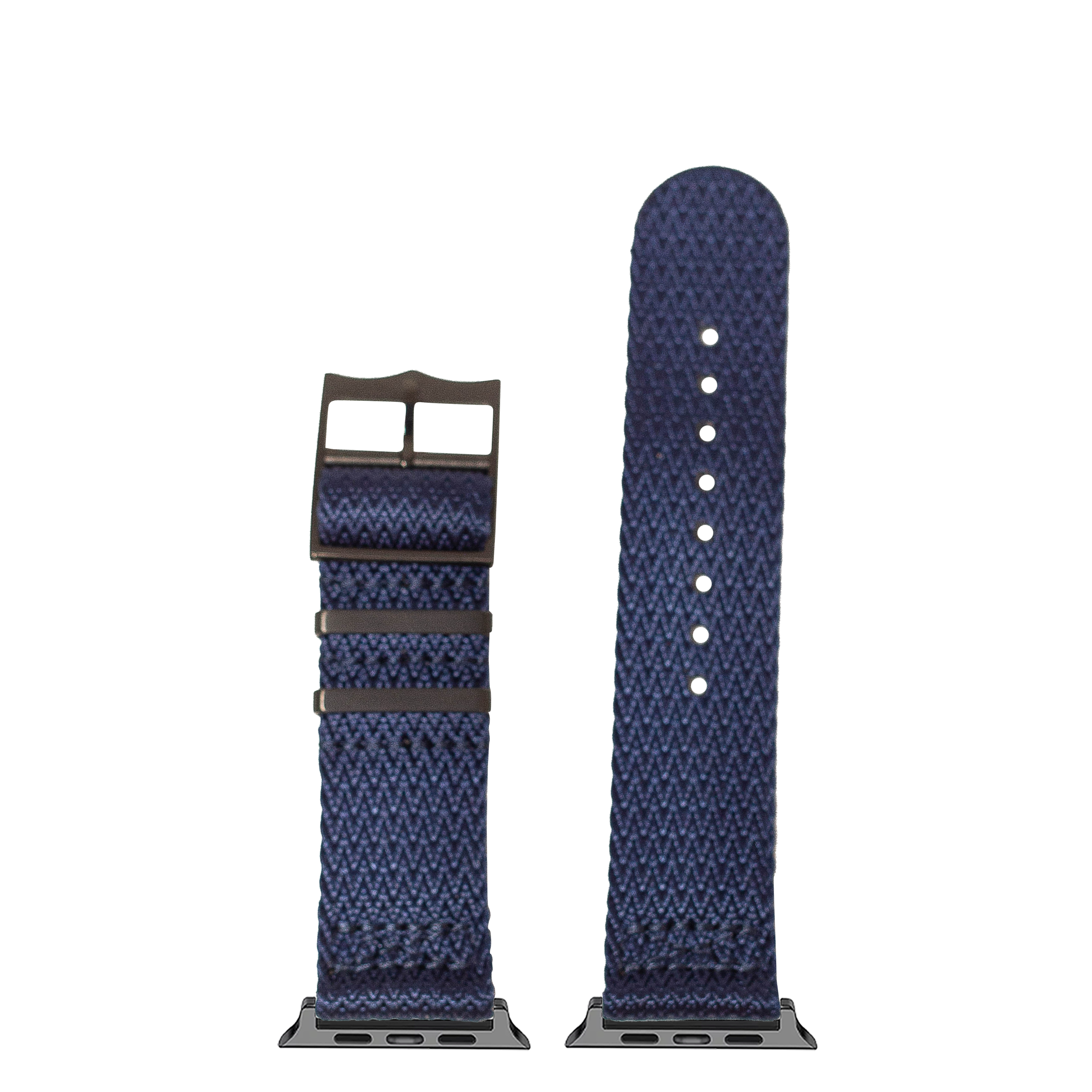 Navy blue textile watch band with black hardware, shown assembled and unattached, featuring woven pattern and adjustable strap design
