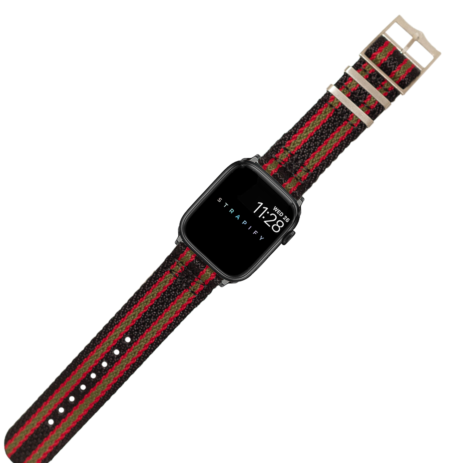 Black smartwatch with vintage red and green striped military fabric band and silver buckle hardware