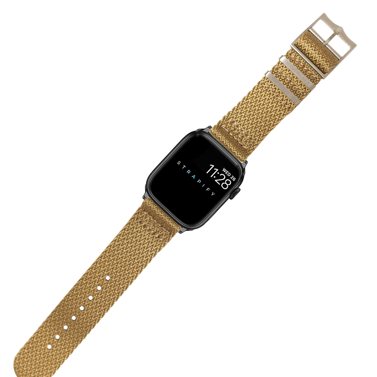 Smartwatch with black square face displaying time on tan woven fabric military-style strap with metal buckle