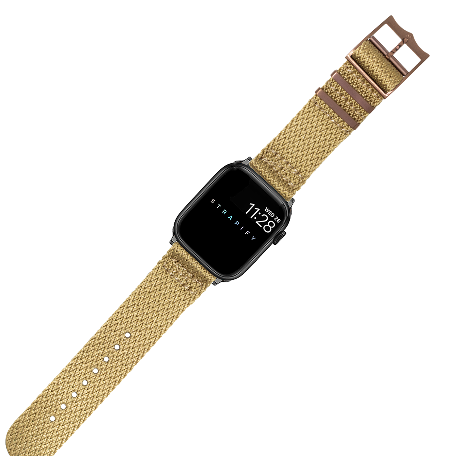 Smartwatch with tan woven fabric strap and bronze hardware buckle displaying time on black square face
