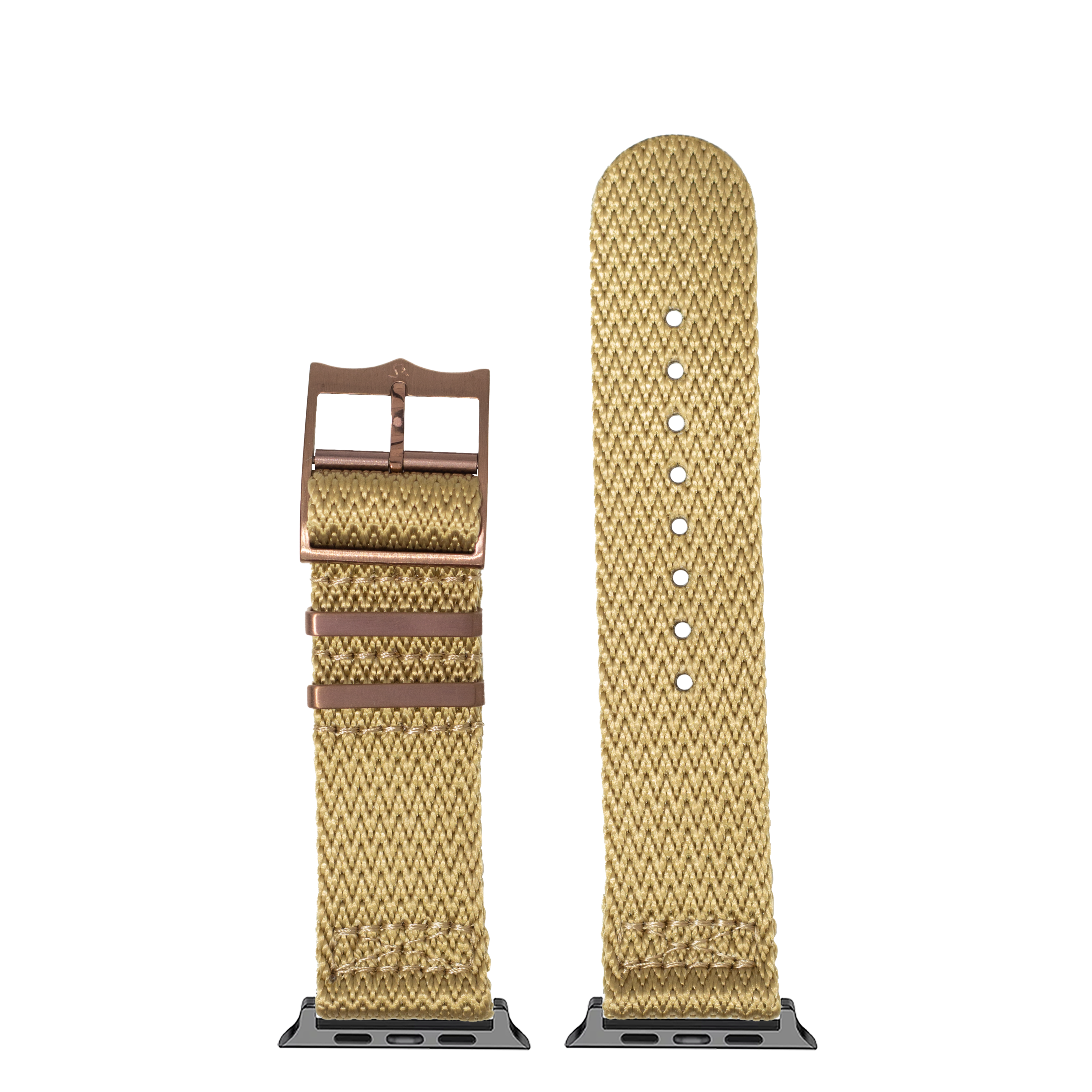 Tan canvas Apple Watch band with bronze buckle and leather accents, shown fastened and flat with adjustment holes and metal connectors